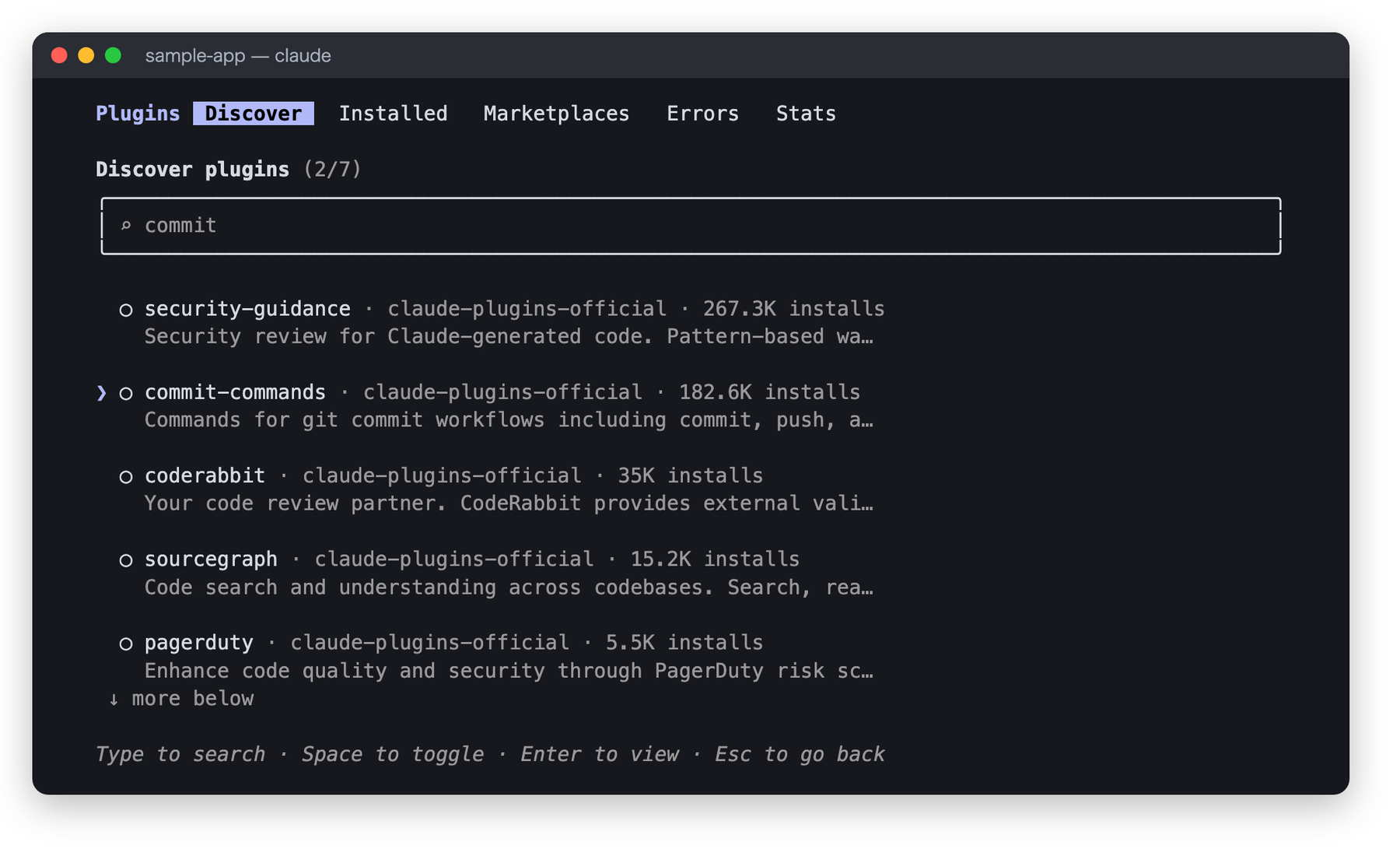 Discover タブの検索欄に commit と入力し、候補が7件に絞られ、commit-commands が選択されている画面