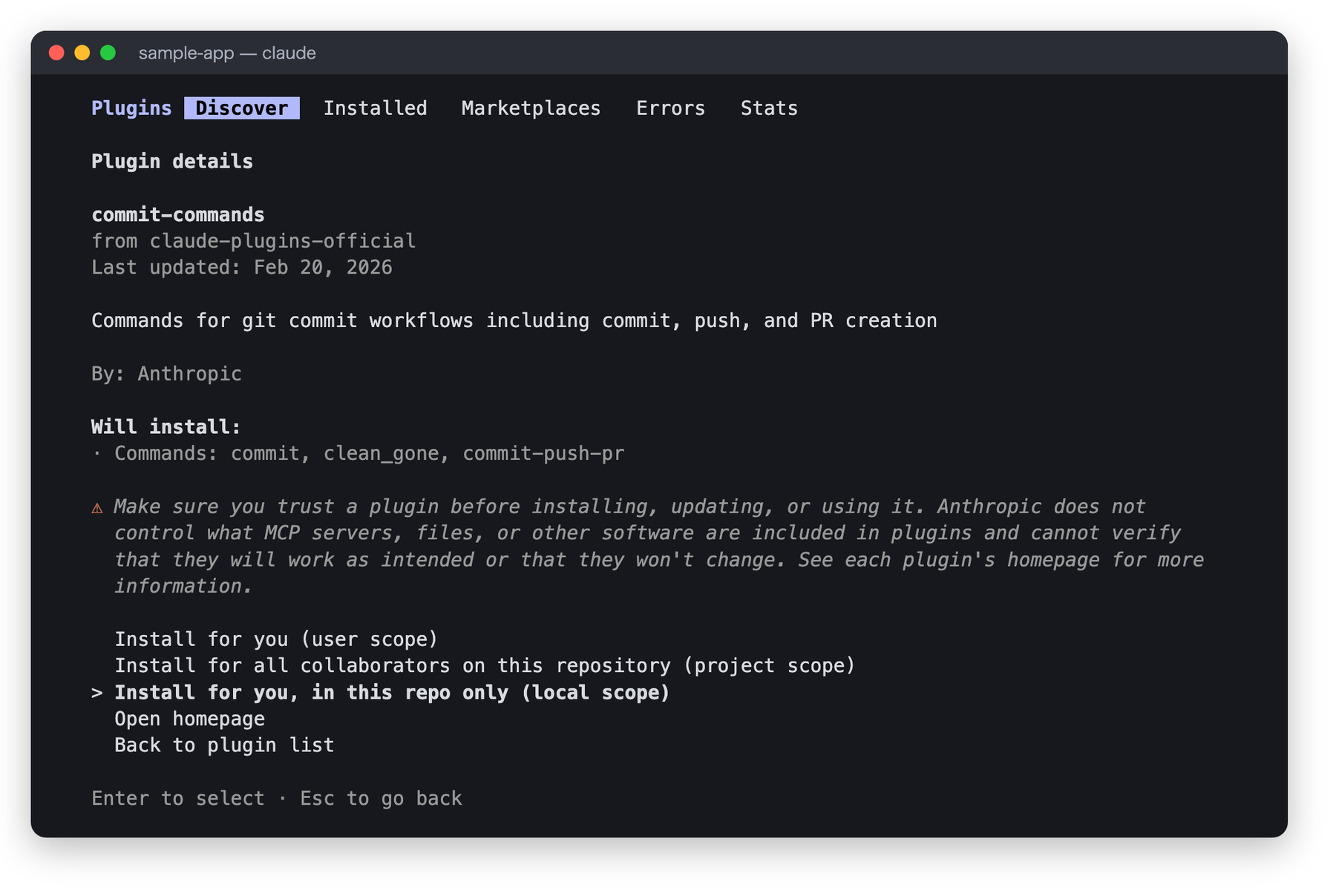 commit-commands の詳細画面。from claude-plugins-official、By Anthropic、Will install として Commands commit, clean_gone, commit-push-pr が表示され、信頼に関する警告文の下で、3つのインストール先のうち Install for you, in this repo only (local scope) が選択されている