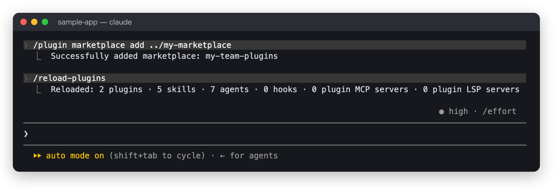 /plugin marketplace add ../my-marketplace を実行すると Successfully added marketplace: my-team-plugins と表示され、続けて /reload-plugins が自動で実行された画面