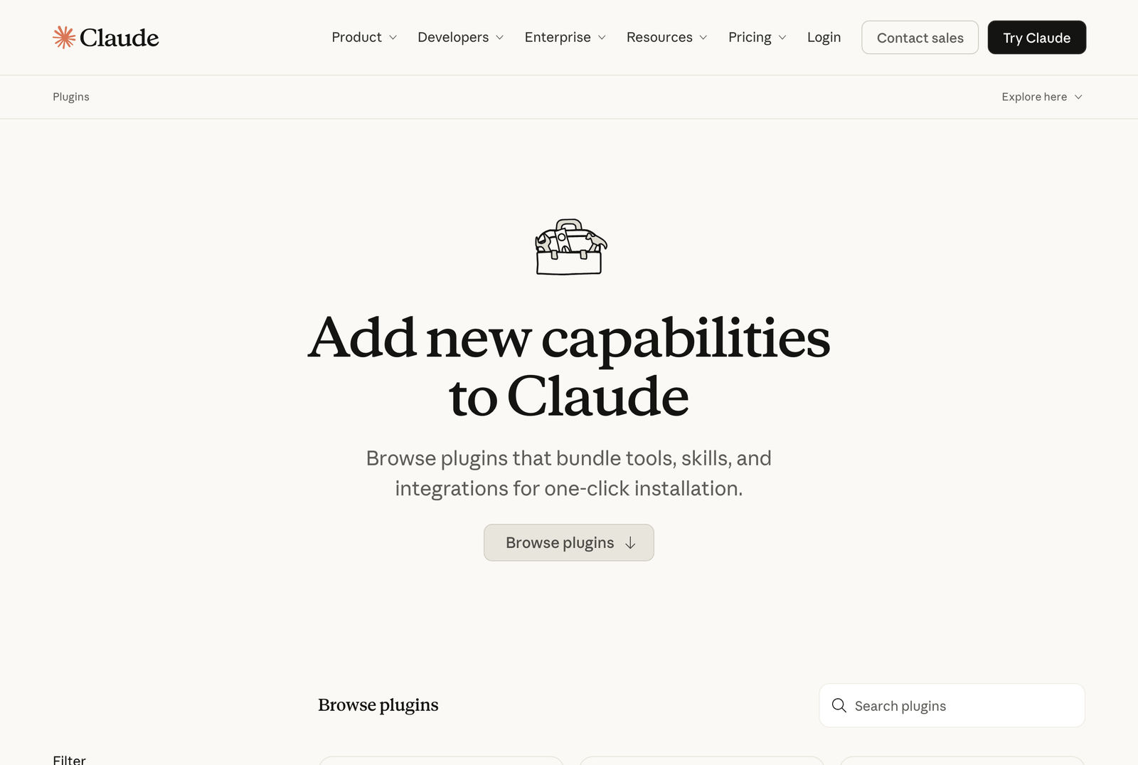 claude.com/plugins のページ。Add new capabilities to Claude という見出しと Browse plugins ボタン、プラグイン検索欄が表示されている