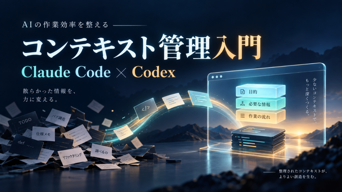 コンテキスト管理入門 — Claude Code × Codex。散らかった情報を整理された作業環境へ変えるイメージ。