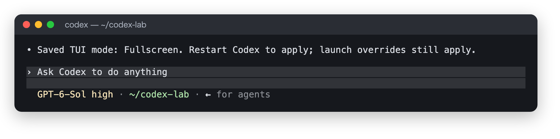 Saved TUI mode: Fullscreen. Restart Codex to apply と表示された画面