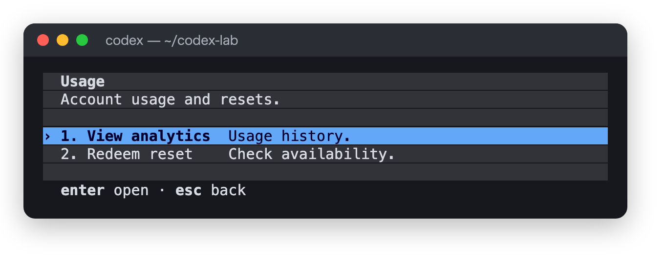 /usage の最初の画面。1. View analytics と 2. Redeem reset の2つが並ぶ