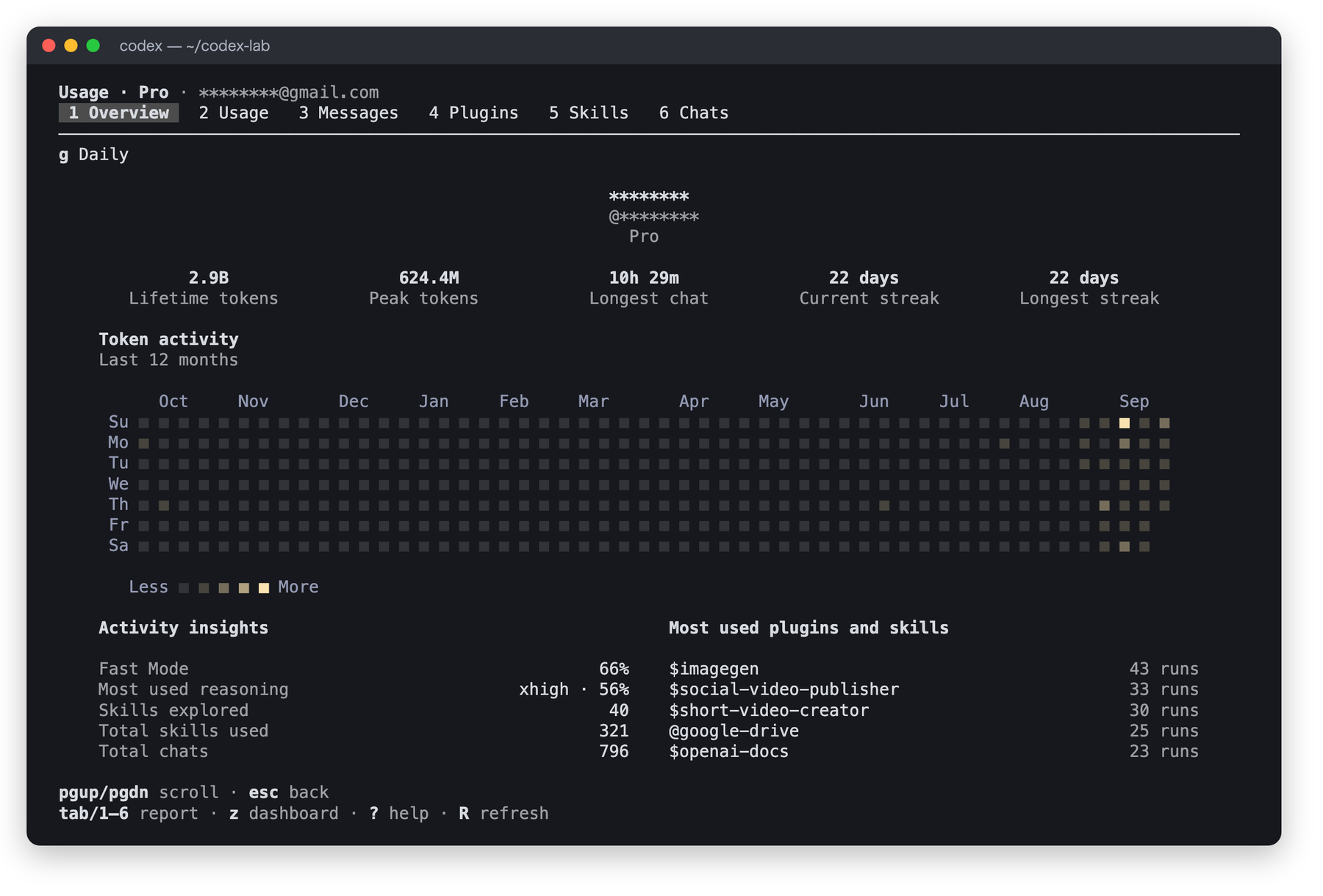 Usage の Overview タブ。Lifetime tokens 2.9B、Peak tokens 624.4M、Longest chat 10h 29m、連続22日、過去12か月のカレンダー、Most used plugins and skills の一覧