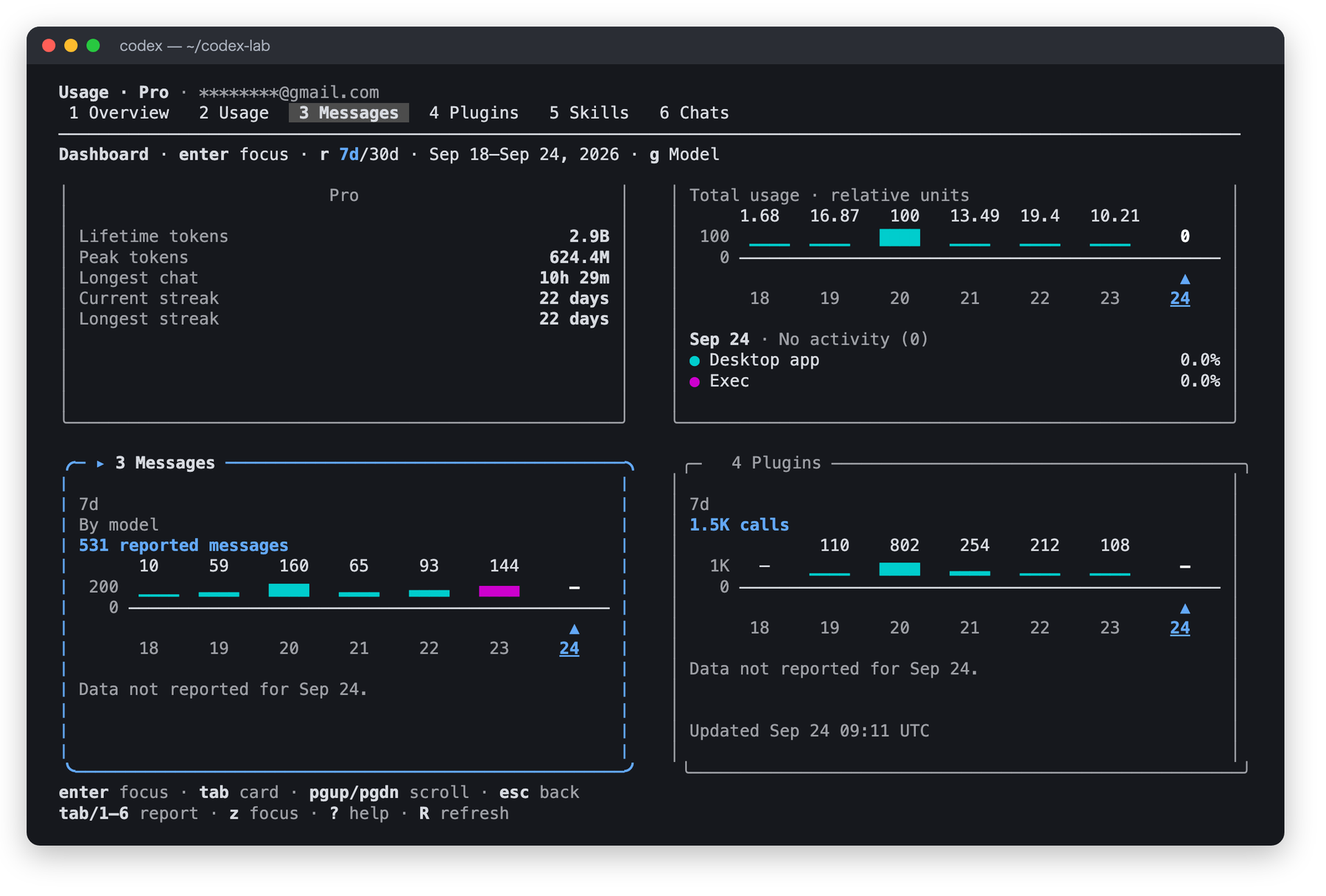 z キーで表示したダッシュボード。プロフィール、Total usage、Messages、Plugins の各カードが並ぶ