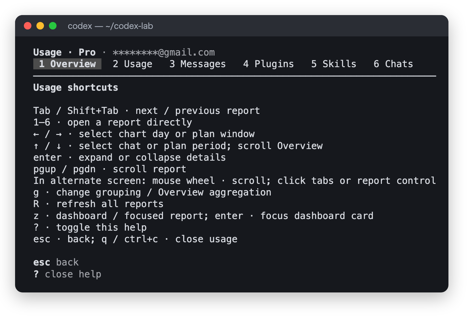 Usage shortcuts の一覧。Tab で次のレポート、1〜6 で直接移動、g でグループ切り替え、R で再取得、z でダッシュボードなど