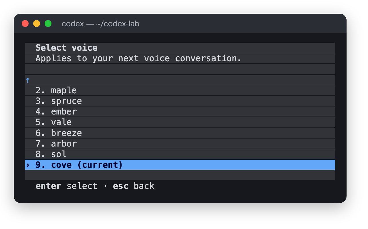 /voice settings の画面。Select voice の見出しと、maple、spruce、ember、vale、breeze、arbor、sol、cove などの声の一覧