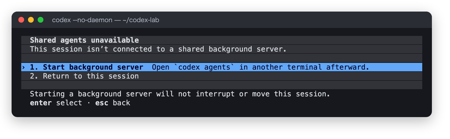 Shared agents unavailable の画面。This session isn't connected to a shared background server と表示され、Start background server と Return to this session の選択肢がある