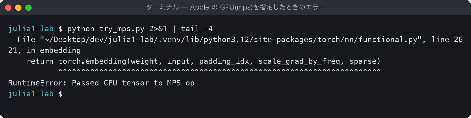 ターミナルで try_mps.py を実行すると、torch.embedding の中で RuntimeError: Passed CPU tensor to MPS op が出ている