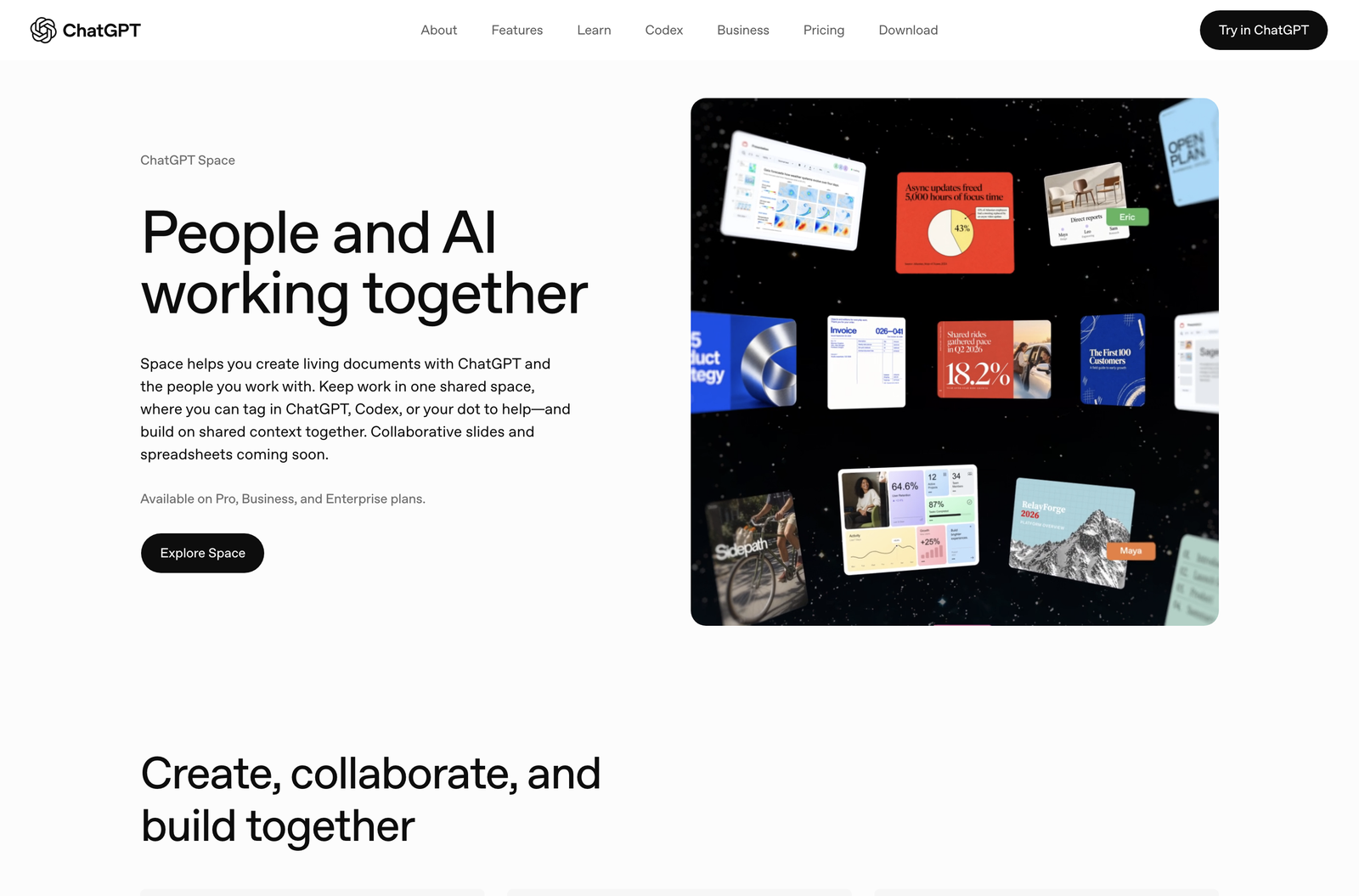 ChatGPT Space の公式紹介ページ。「People and AI working together」の見出しと、宇宙を背景にページやグラフが浮かぶ画像