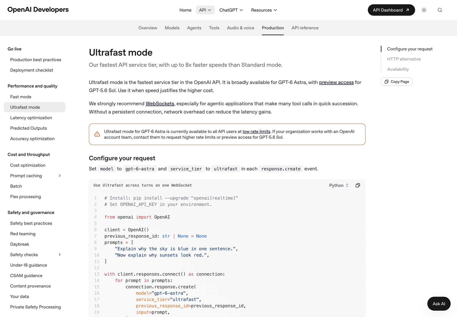 OpenAI 開発者ドキュメントの Ultrafast mode ページ。左にナビゲーション、中央に説明文と Python の WebSocket サンプル