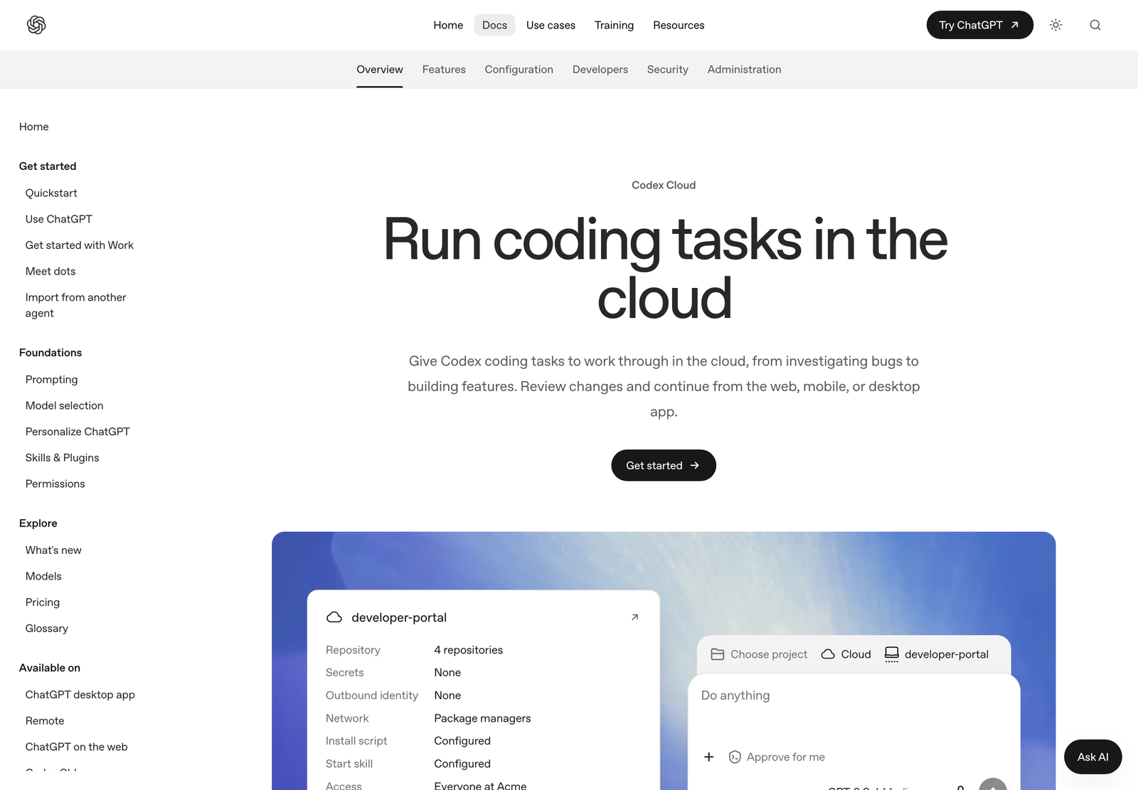 Codex Cloud の公式ドキュメント。「Run coding tasks in the cloud」の見出しと、環境設定画面(Repository、Secrets、Network など)の例