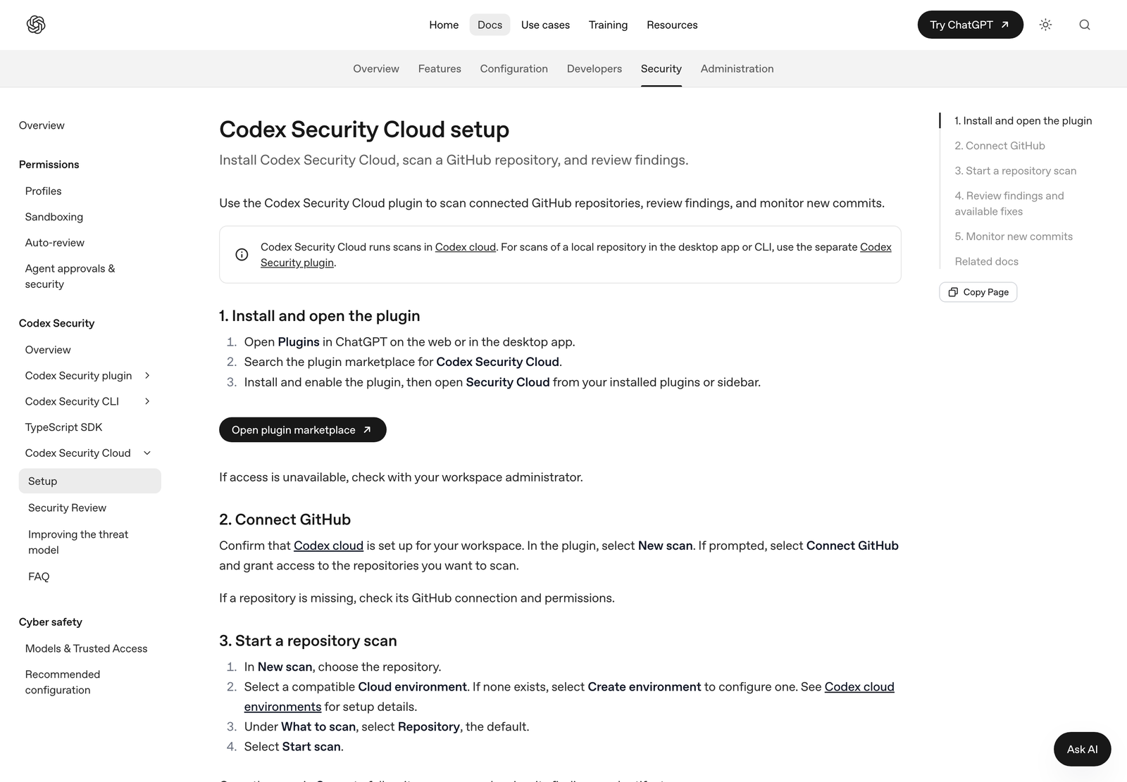 Codex Security Cloud setup のドキュメント。プラグインの導入、GitHub 接続、スキャン開始の手順が番号つきで並ぶ