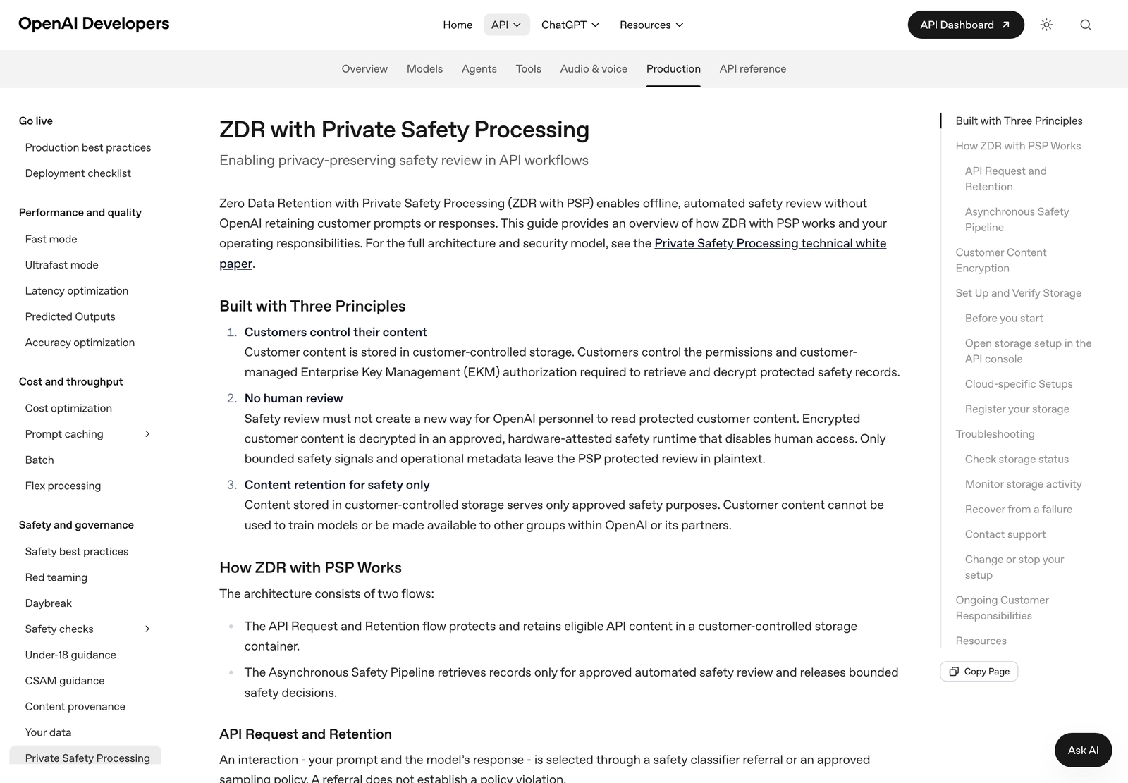 開発者ドキュメント「ZDR with Private Safety Processing」。3 原則と 2 つのフローの説明