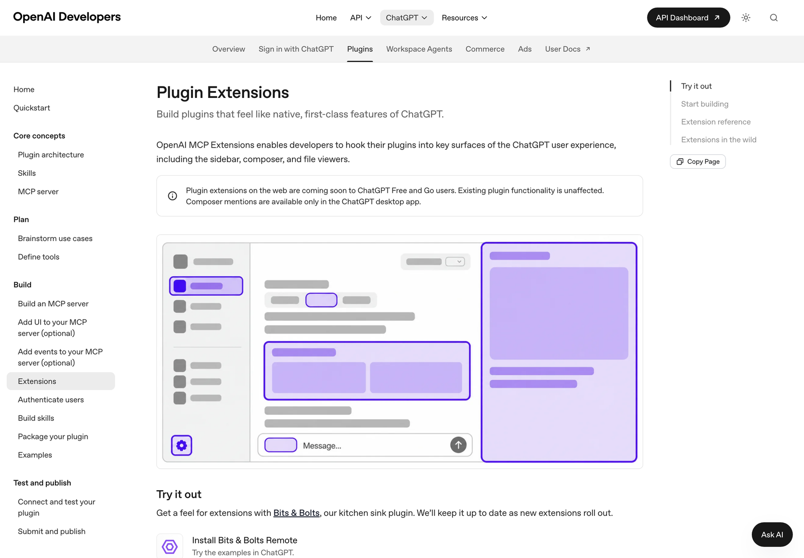 開発者ドキュメント「Plugin Extensions」。サイドバーにプラグインが表示された画面のイラストと Try it out の項