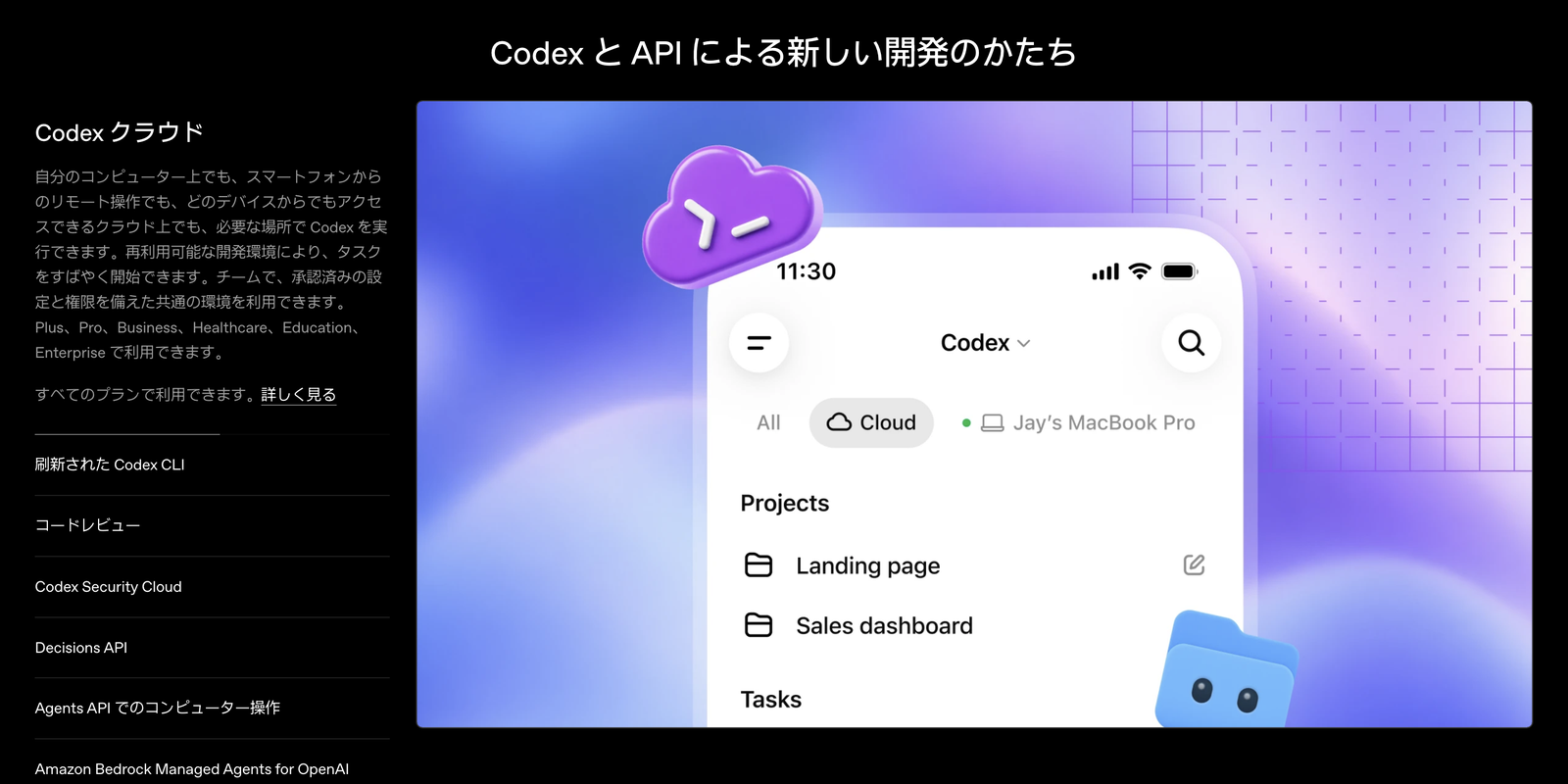公式の振り返りページの「Codex と API による新しい開発のかたち」の節。左に Codex クラウドの説明、右にスマホ画面の Codex アプリで Cloud と MacBook Pro を切り替える画像