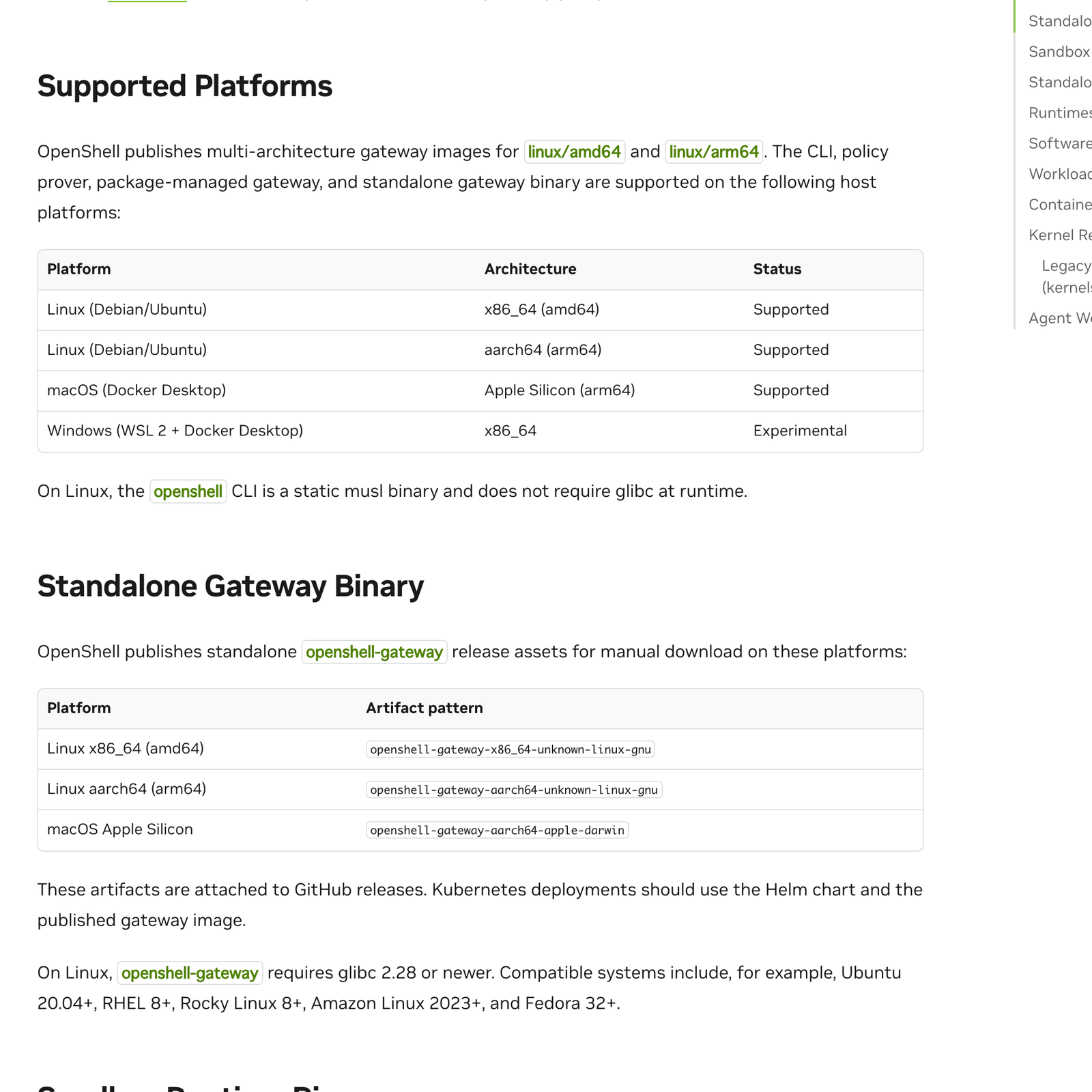 公式ドキュメントの対応表。Linuxのamd64とarm64、macOSのDocker DesktopでApple SiliconがSupported、WindowsのWSL2はExperimental