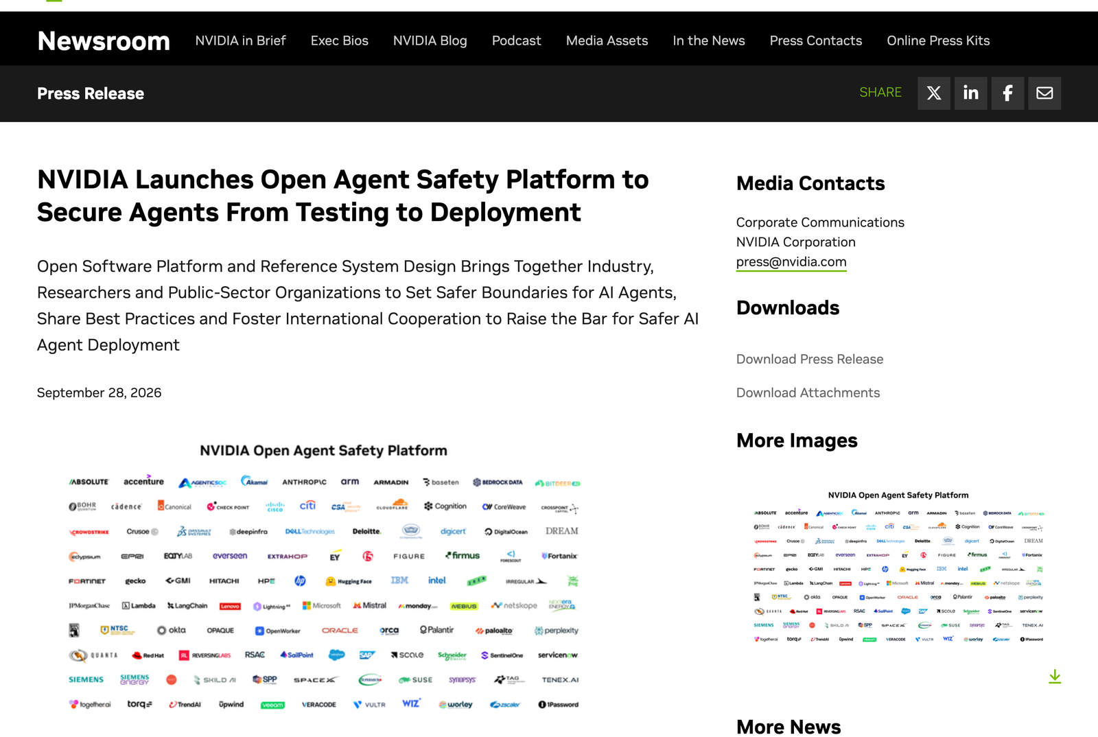 NVIDIA Newsroomの発表ページ。タイトルはNVIDIA Launches Open Agent Safety Platform to Secure Agents From Testing to Deployment、日付は2026年9月28日