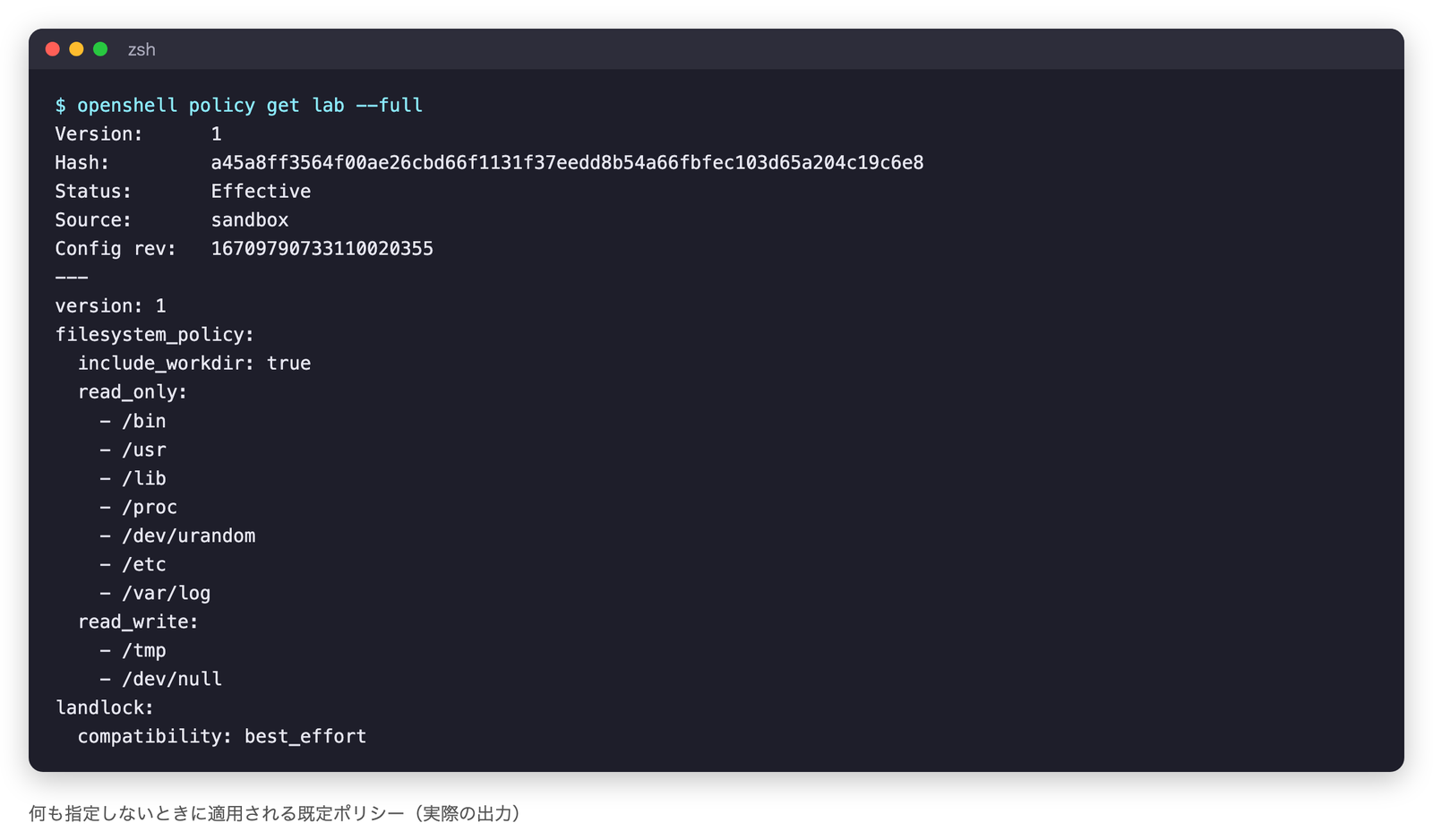 openshell policy getの出力。作業フォルダは読み書き可、/binや/usrや/etcなどは読み取り専用、/tmpは読み書き可。通信の許可は1つも書かれていない