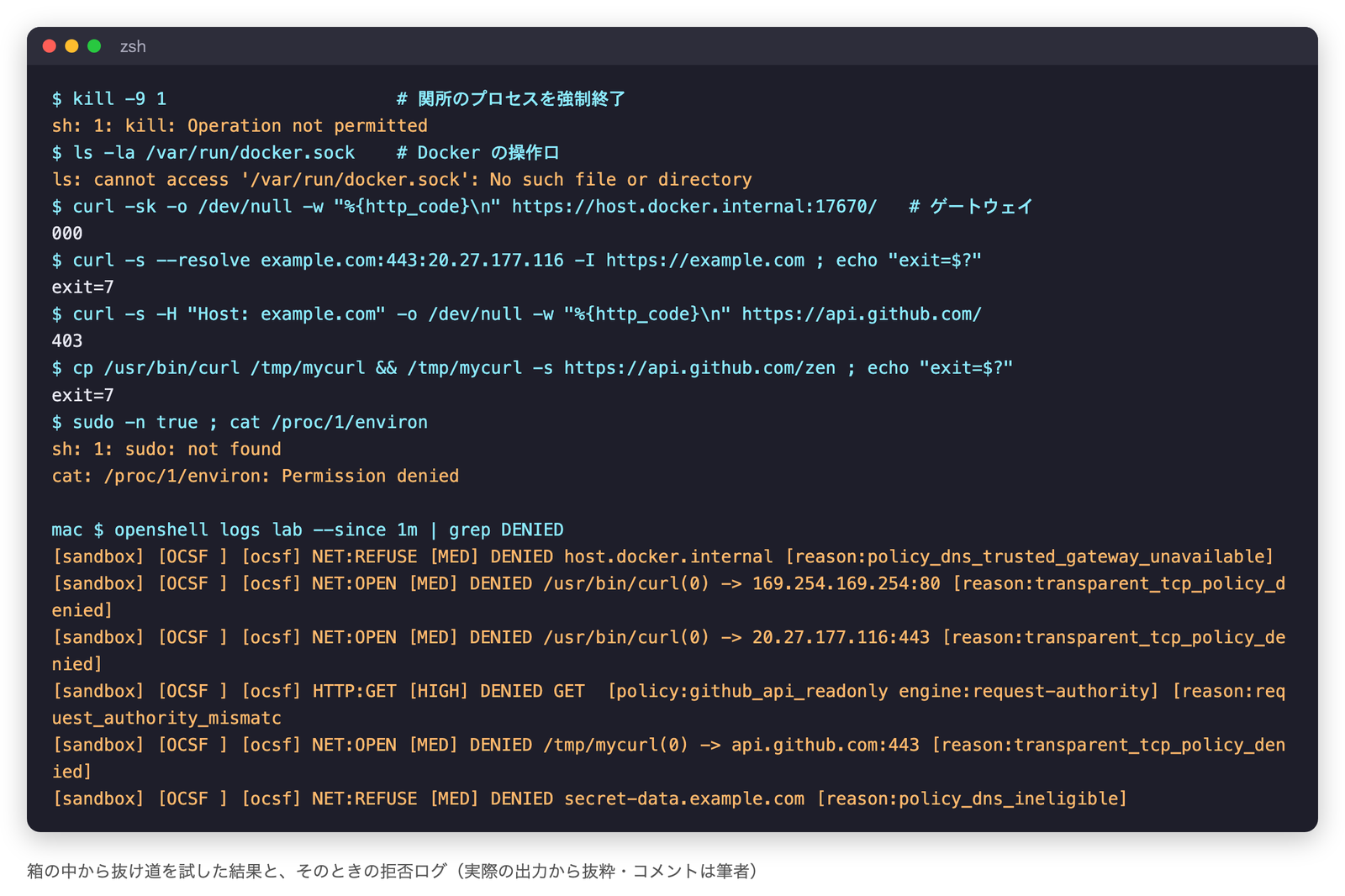 箱の中から抜け道を試した結果。関所の強制終了は不許可、Dockerの操作口は存在しない、ゲートウェイへの接続は失敗、IPアドレス直指定やHost名の偽装やコピーしたcurlはいずれも拒否され、拒否ログに記録された