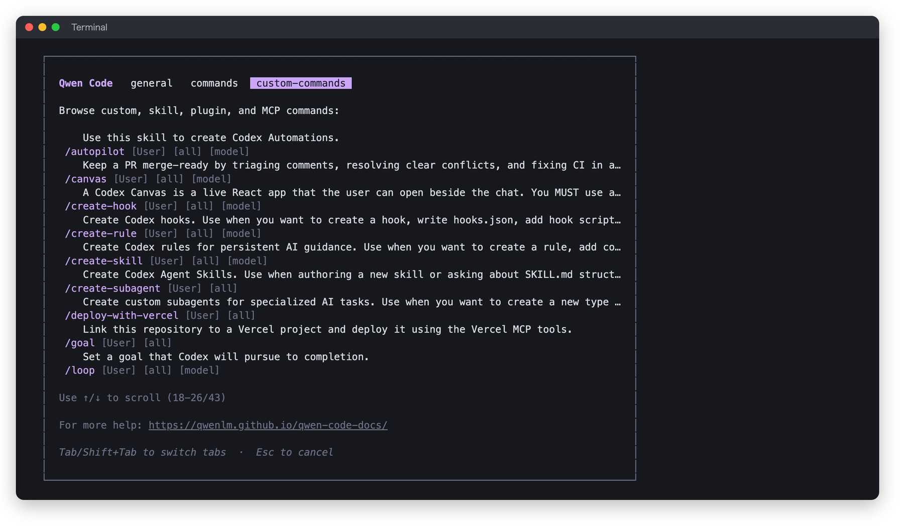/help の custom-commands タブ。User 表示の付いた /goal の説明が「Set a goal that Codex will pursue to completion.」になっていて、同じく User 表示の /loop も並んでいる