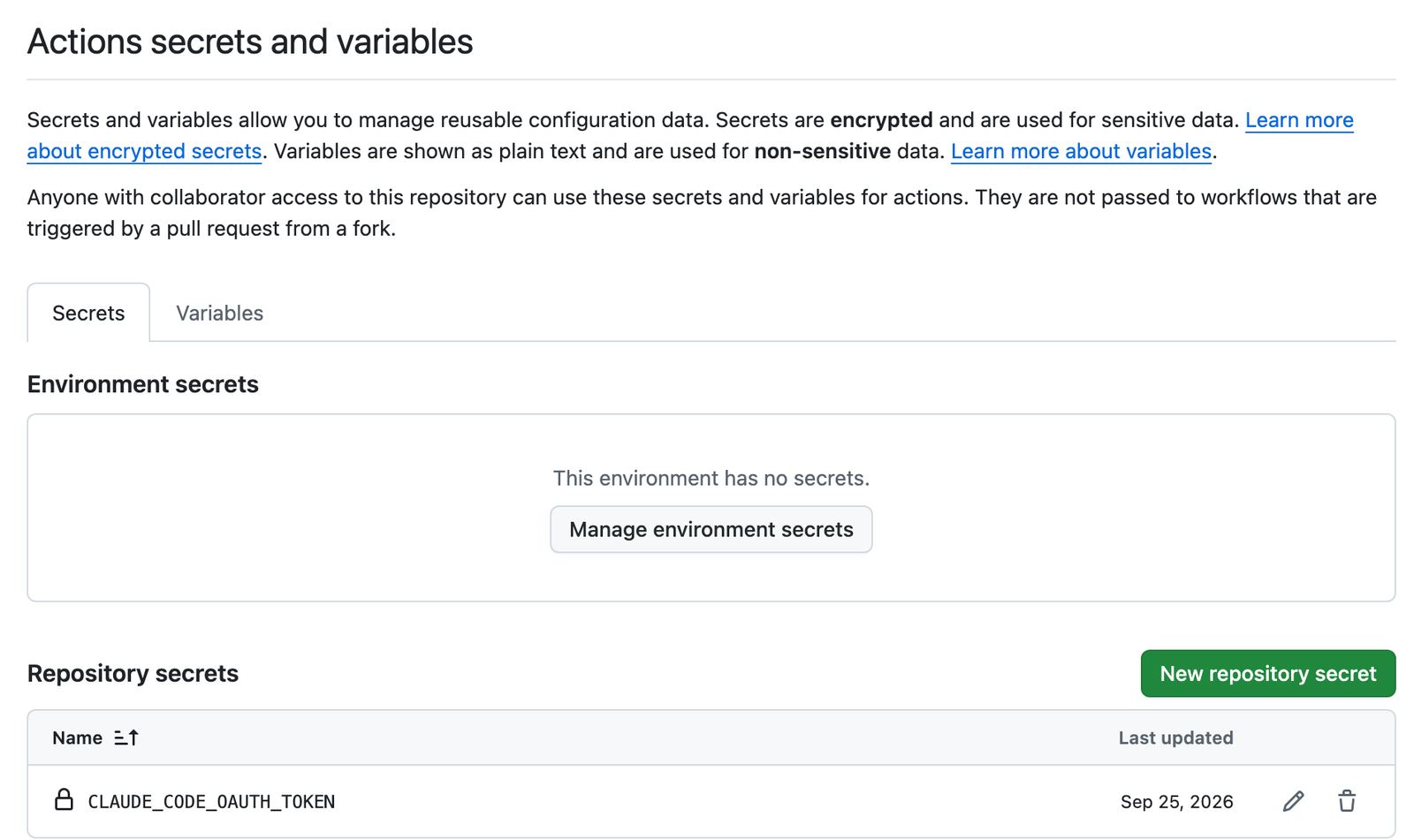 リポジトリの Actions secrets 画面。Repository secrets に CLAUDE_CODE_OAUTH_TOKEN が1件登録されている