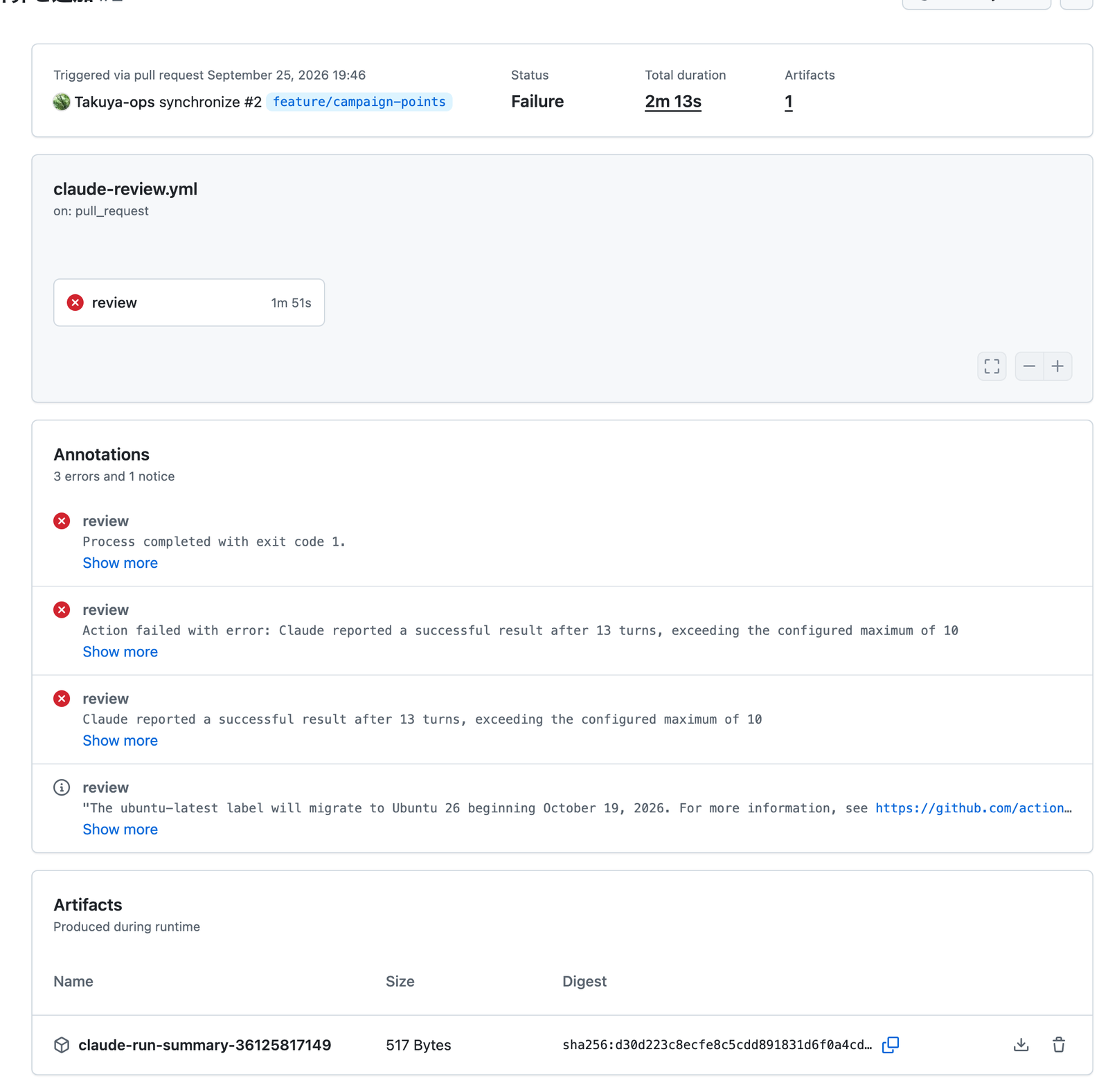 実行の詳細画面。Status が Failure で、Annotations に「Claude reported a successful result after 13 turns, exceeding the configured maximum of 10」というエラーが出ている。下の Artifacts に claude-run-summary が保存されている