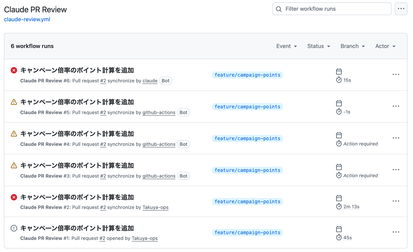 Claude PR Review の実行一覧。#1 は取り消し、#2 は失敗（ターン上限）、#3〜#5 は Action required、#6 は失敗などが並んでいる