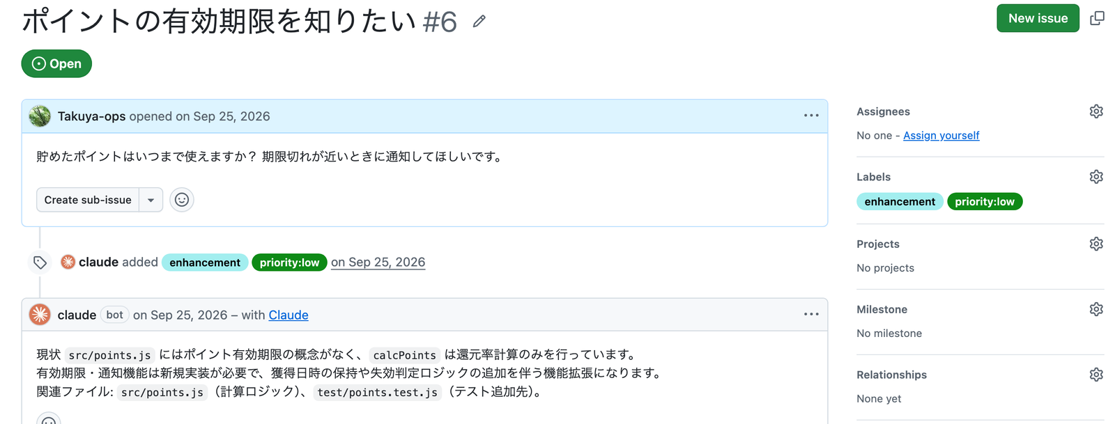 Issue の画面。claude が enhancement と priority:low のラベルを付け、「現状 src/points.js にはポイント有効期限の概念がなく…」という3行の見立てをコメントしている