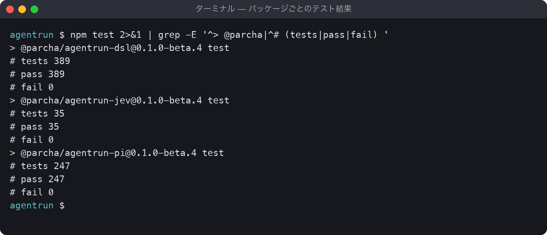 npm testの結果。agentrun-dslが389件、agentrun-jevが35件、agentrun-piが247件で、いずれもfail 0