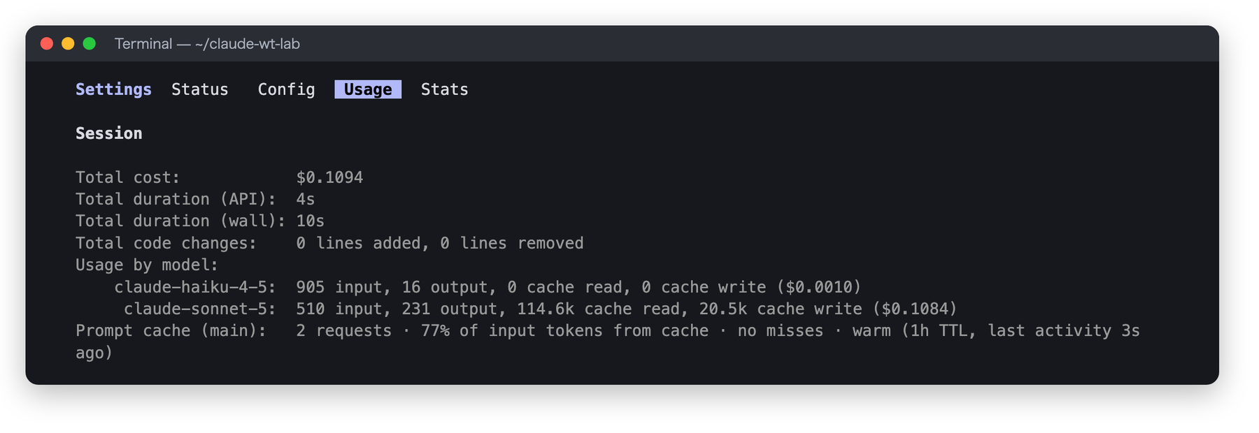/usage の Session 画面。Total cost $0.1094、claude-sonnet-5 が 510 input・231 output・114.6k cache read・20.5k cache write、Prompt cache が 77% of input tokens from cache と表示されている