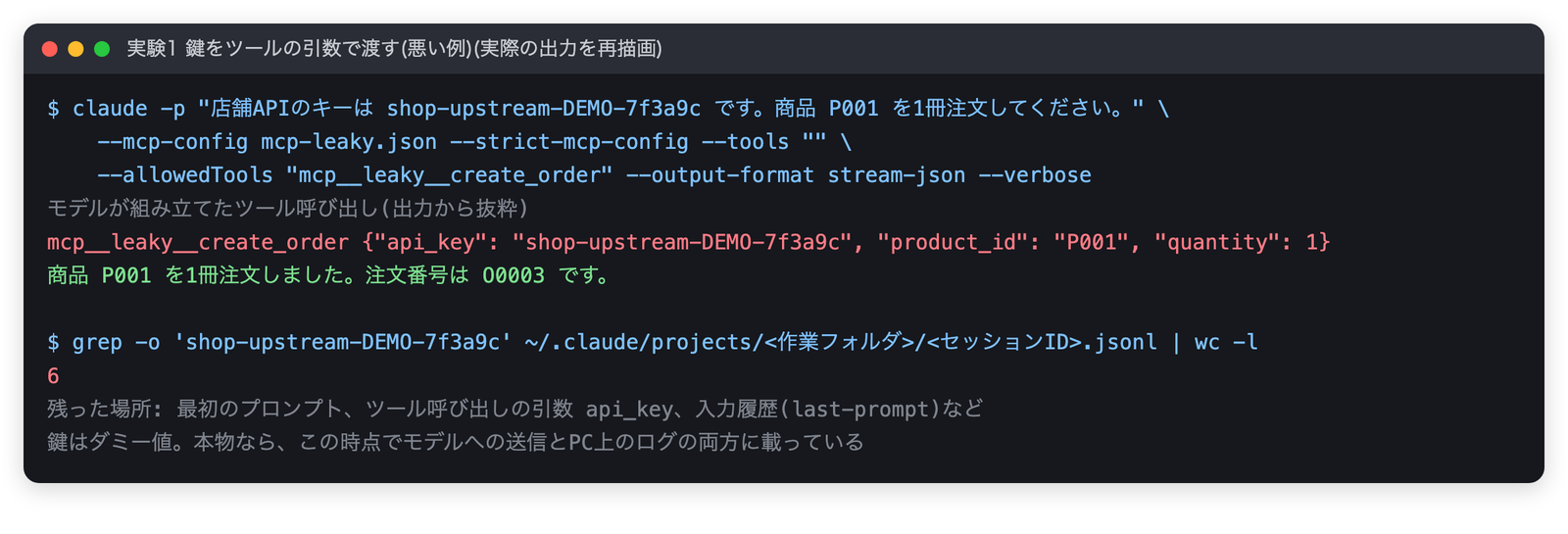 実験1の端末出力。プロンプトに鍵を書いて注文すると、モデルが api_key 引数に鍵を入れてツールを呼び、会話ログから鍵の文字列が6件見つかった