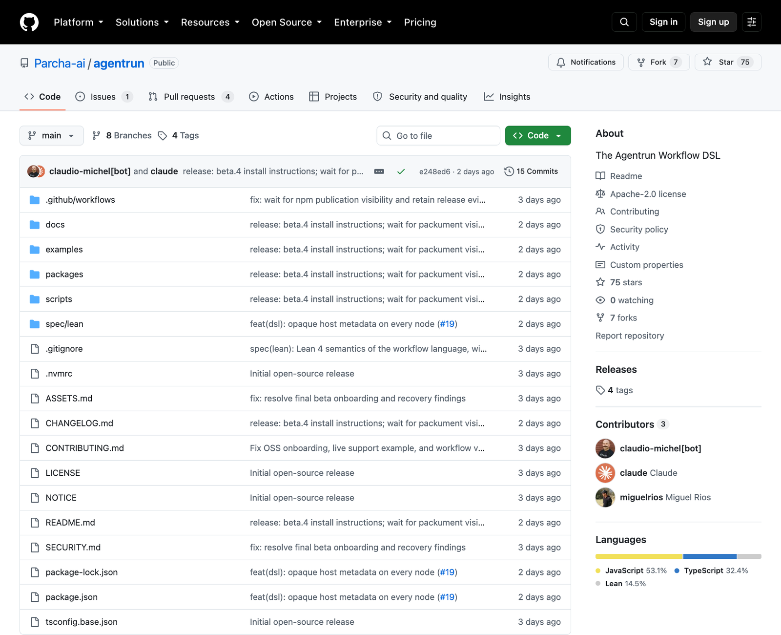 GitHubのParcha-ai/agentrunリポジトリ画面。Star 75、Fork 7、Issues 1、Pull requests 4、Contributorsはclaudio-michel(bot)、claude、miguelriosの3件、言語はJavaScript 53.1%・TypeScript 32.4%・Lean 14.5%
