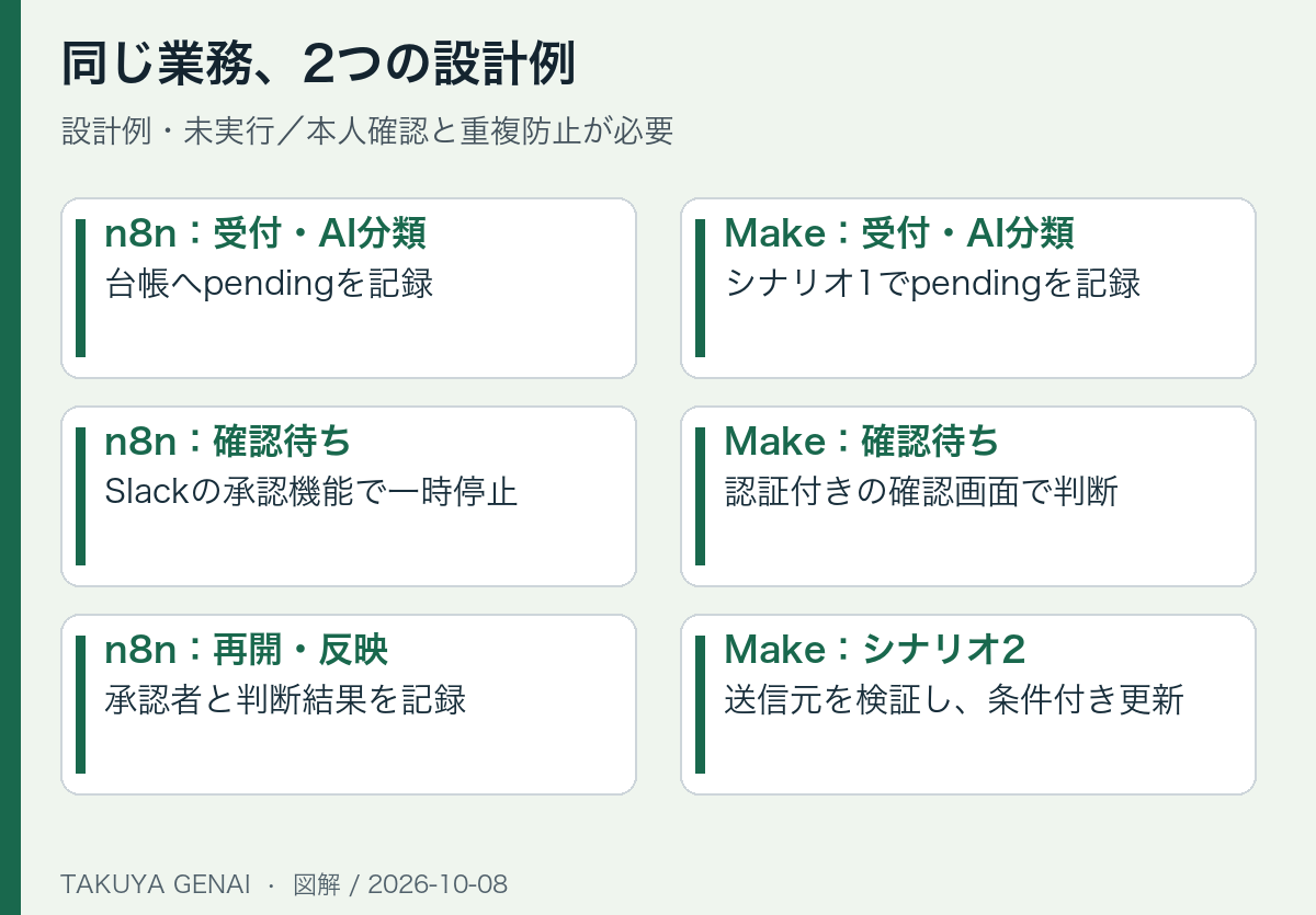同じ業務、2つの設計例。設計例・未実行/本人確認と重複防止が必要