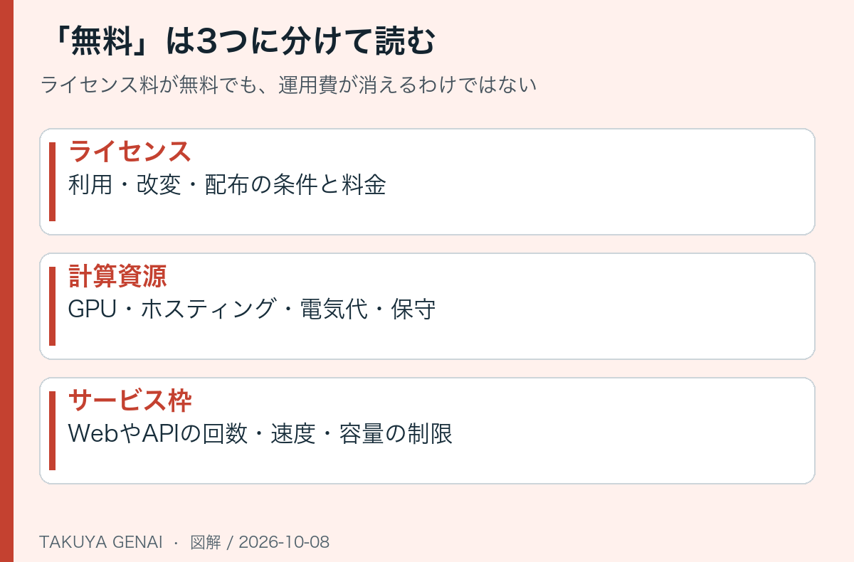 「無料」は3つに分けて読む。ライセンス料が無料でも、運用費が消えるわけではない