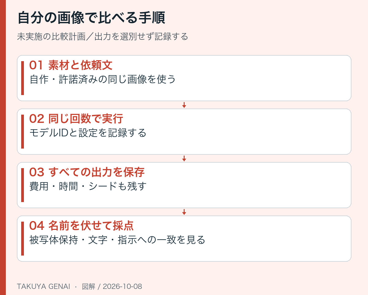 自分の画像で比べる手順。未実施の比較計画／出力を選別せず記録する