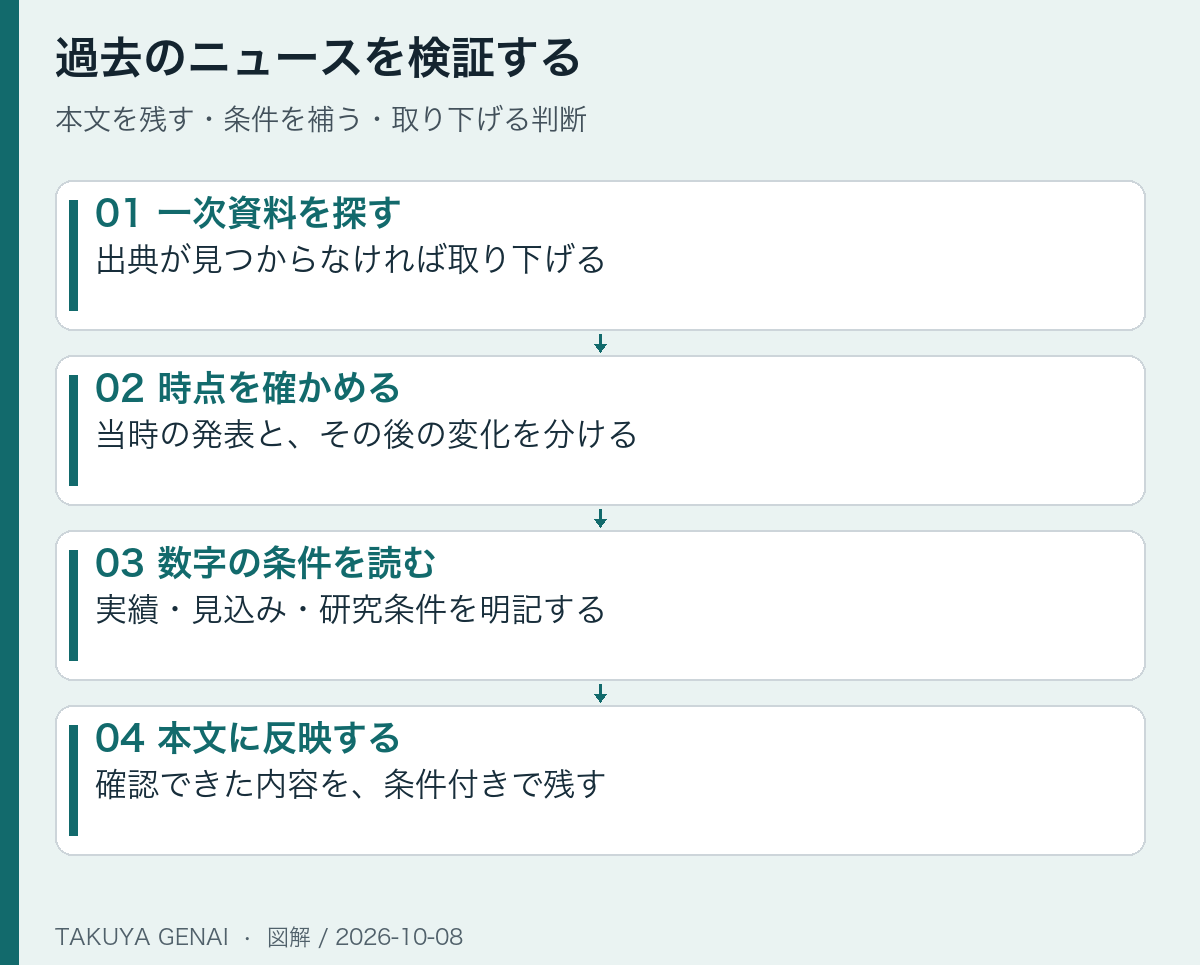 過去のニュースを検証する。本文を残す・条件を補う・取り下げる判断