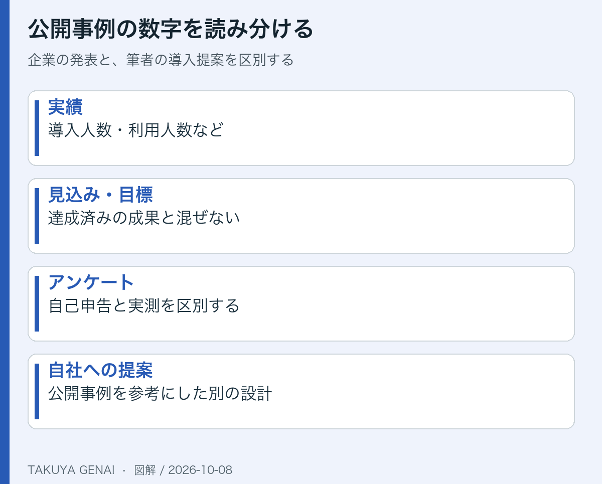 公開事例の数字を読み分ける。企業の発表と、筆者の導入提案を区別する