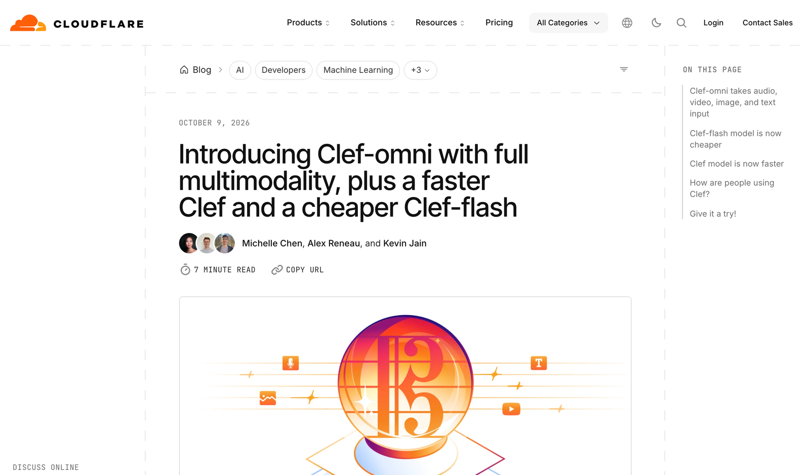 Cloudflare 公式ブログの Clef-omni 発表記事の冒頭。タイトル「Introducing Clef-omni with full multimodality, plus a faster Clef and a cheaper Clef-flash」と 2026年10月9日の日付