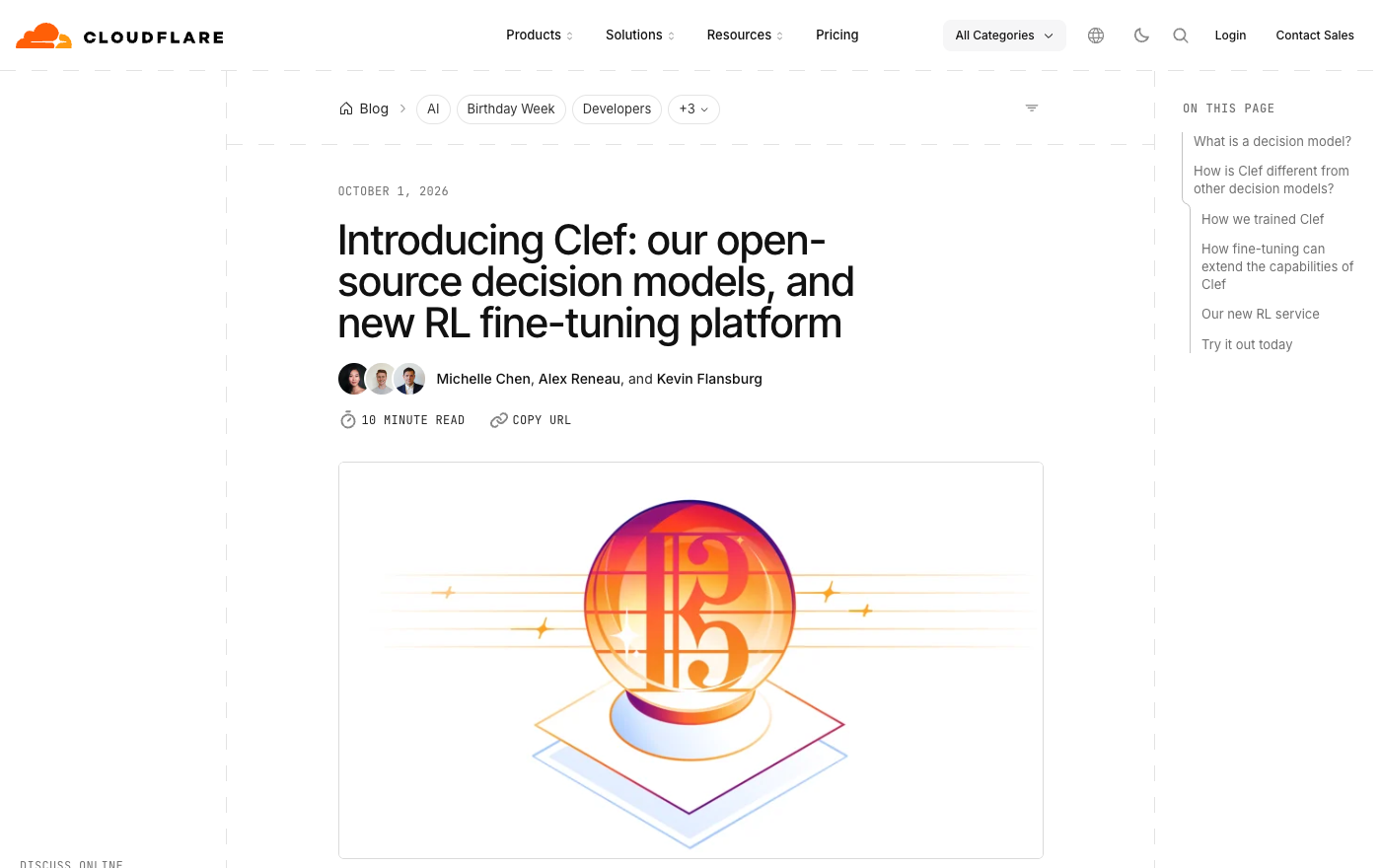 Cloudflare 公式ブログの Clef 発表記事の冒頭。タイトル「Introducing Clef: our open-source decision models, and new RL fine-tuning platform」と 2026年10月1日の日付