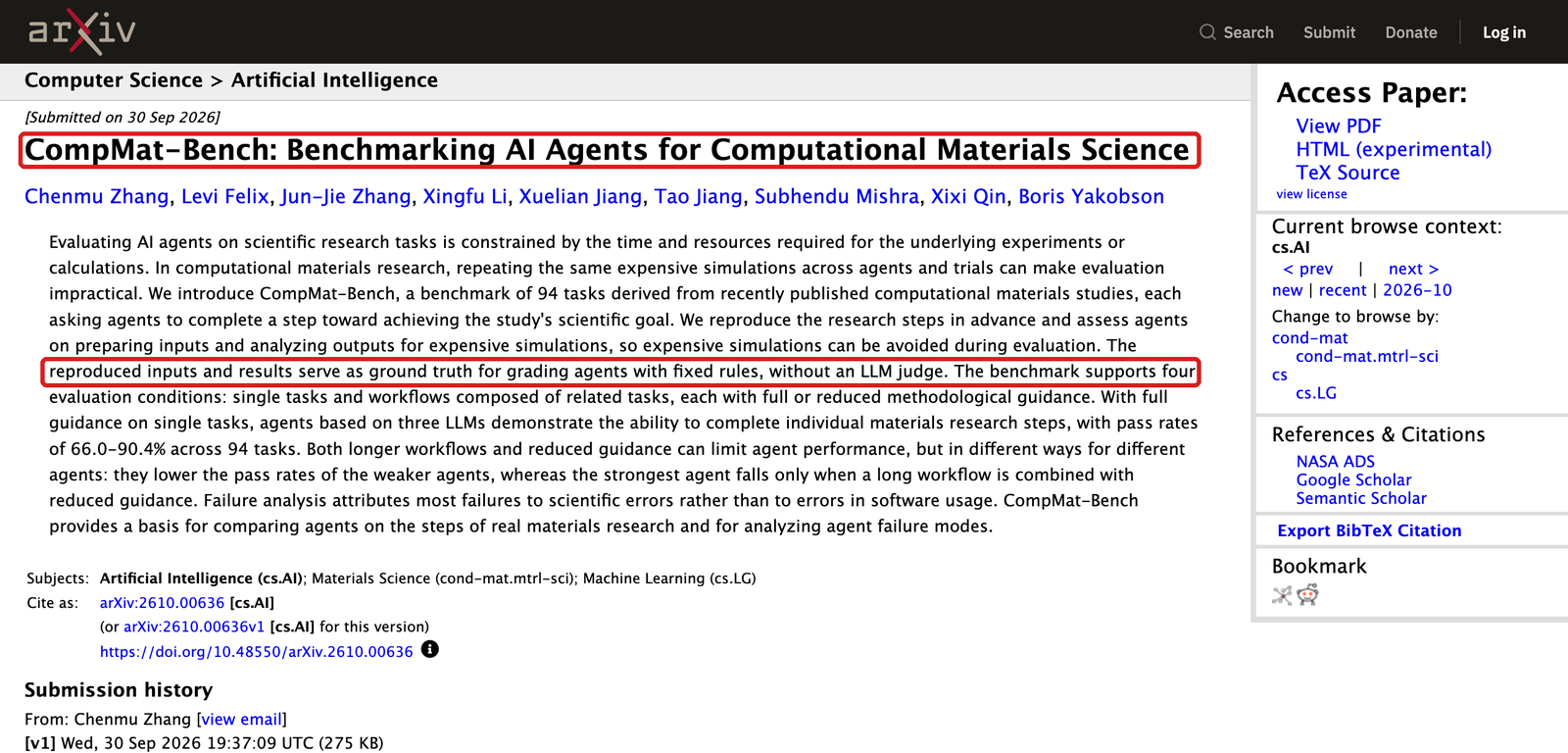 arXiv の CompMat-Bench の論文ページ。題名と、再現した入力と結果を正解として固定ルールで採点し LLM ジャッジを使わないという一文を赤枠で囲んでいる