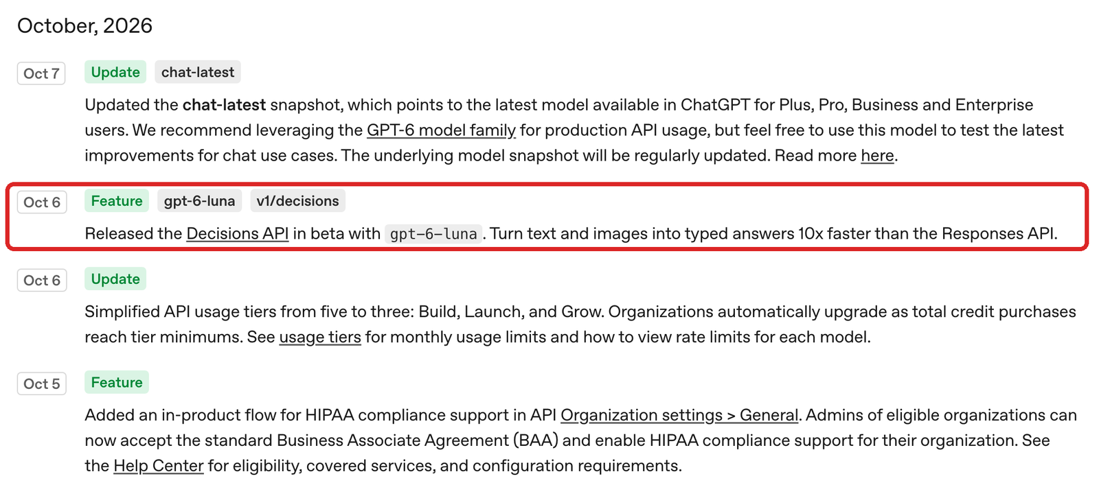OpenAI Developers の変更履歴ページ。Oct 6 の項目に「Released the Decisions API in beta with gpt-6-luna. Turn text and images into typed answers 10x faster than the Responses API.」とあり、赤枠で強調している