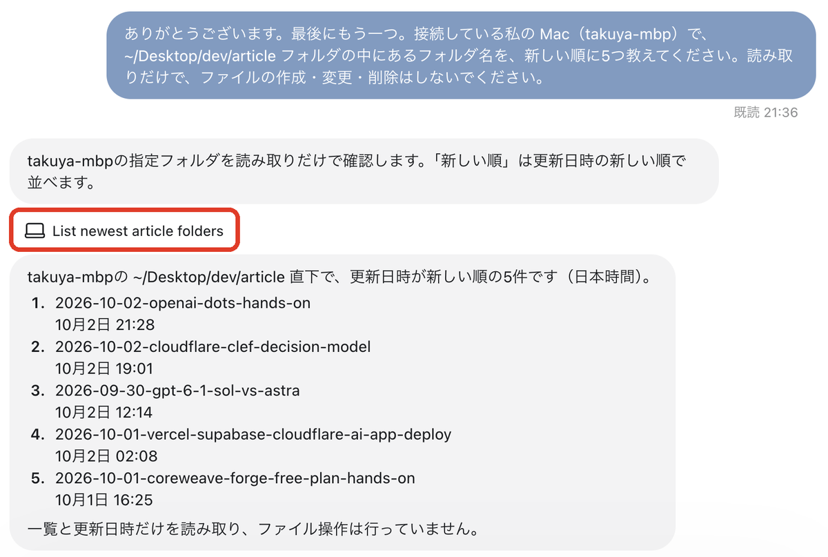 dot の会話画面。依頼に対して「読み取りだけで確認します」と返事があり、「List newest article folders」というタスクのボタン（赤枠）、その下に新しい順のフォルダ 5 件の回答