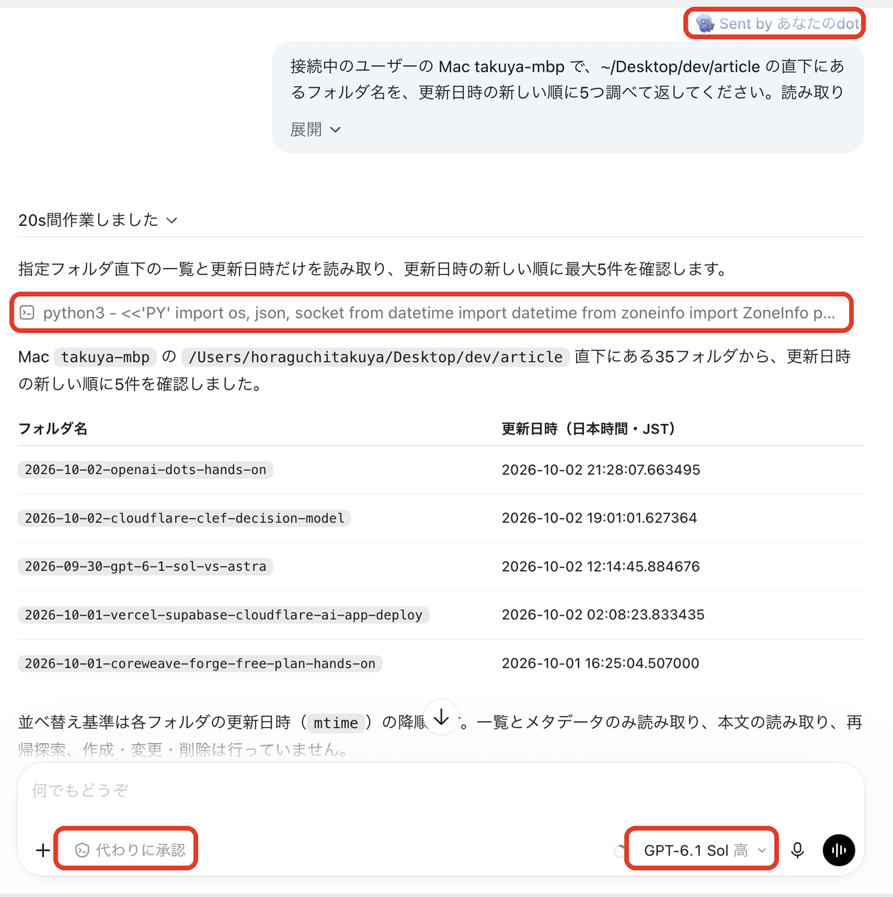 Codex タスクの画面。右上に「Sent by あなたのdot」、実行したコマンド「python3 - <<'PY' import os, json ...」、フォルダ名と更新日時の表、下部に「代わりに承認」と「GPT-6.1 Sol 高」（それぞれ赤枠）