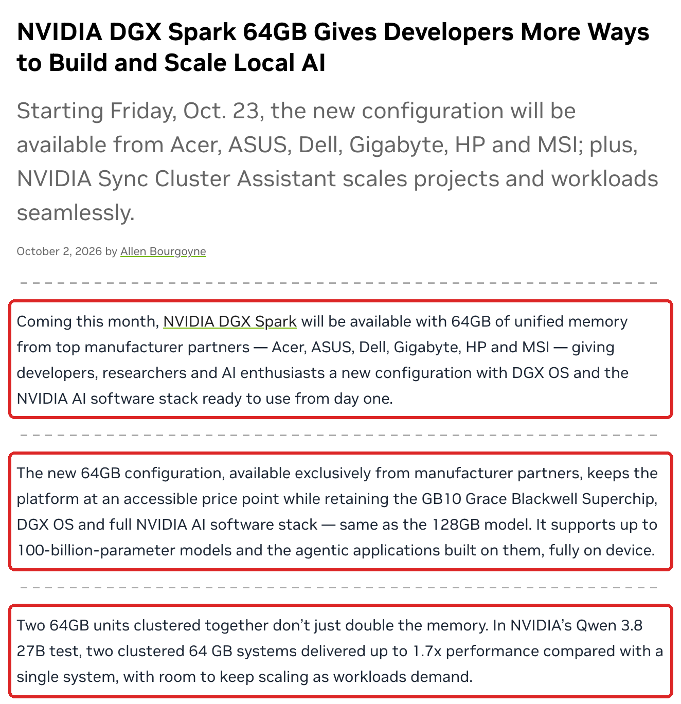 NVIDIA 公式ブログ「NVIDIA DGX Spark 64GB Gives Developers More Ways to Build and Scale Local AI」の画面。10 月 23 日からパートナー 6 社が販売すること、128GB 版と同じ GB10 チップと DGX OS を積み最大 100B パラメータのモデルに対応すること、Qwen 3.8 27B の試験で 2 台構成が最大 1.7 倍だったことに赤枠を付けている