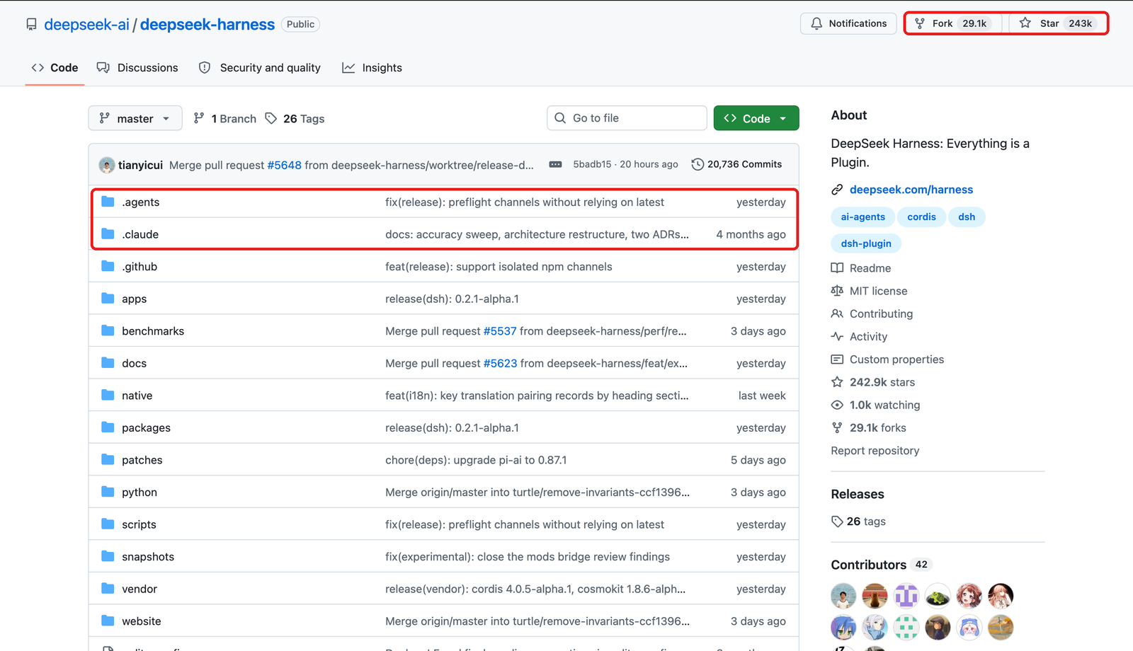 GitHub の deepseek-harness リポジトリ。.agents と .claude のフォルダ、スター数を赤枠で示す