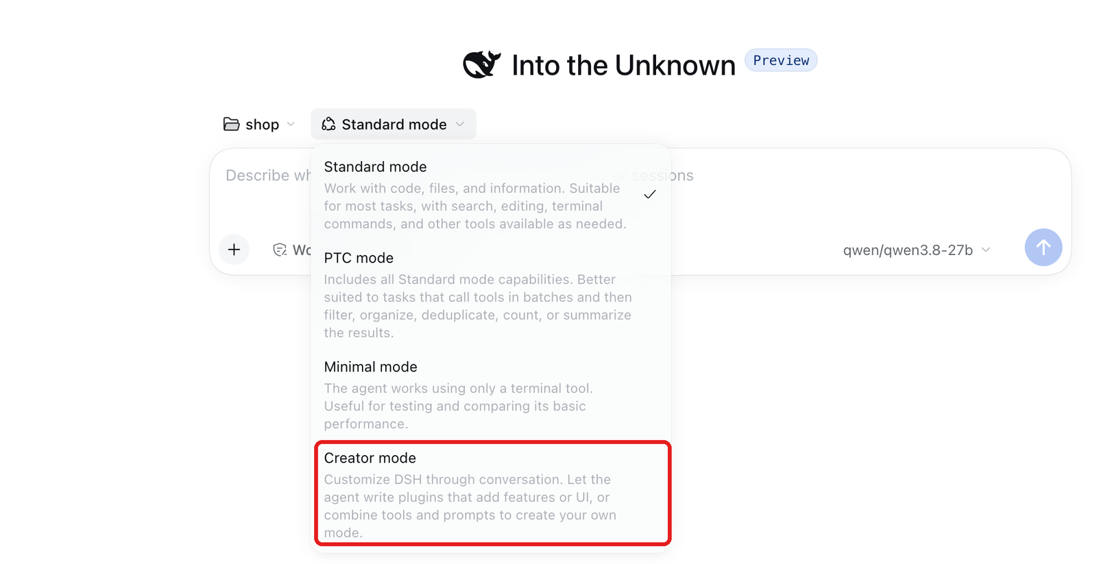 エージェントの型を選ぶメニュー。Standard・PTC・Minimal・Creator の4種類