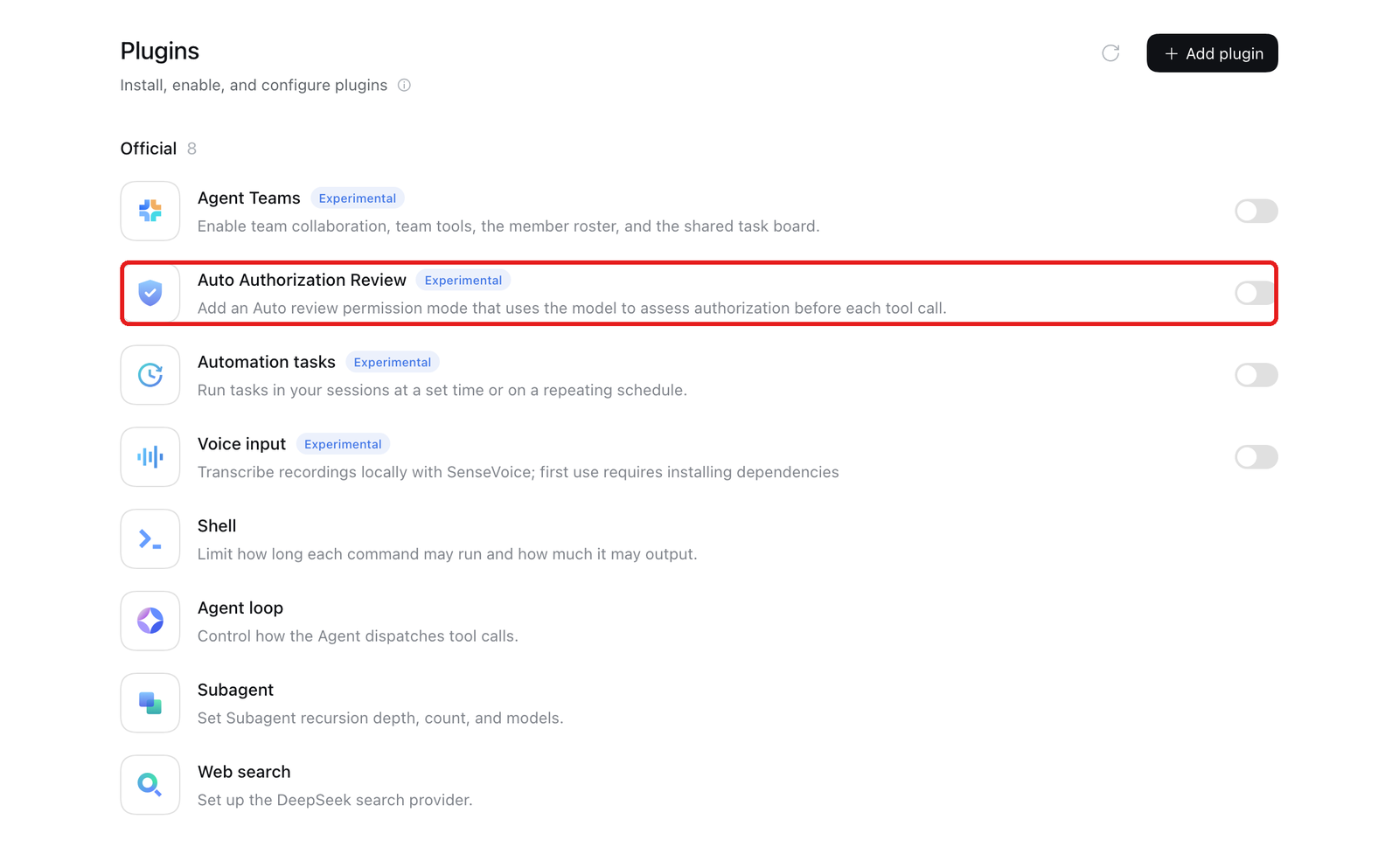 Plugins 画面。Auto Authorization Review が Experimental として並ぶ
