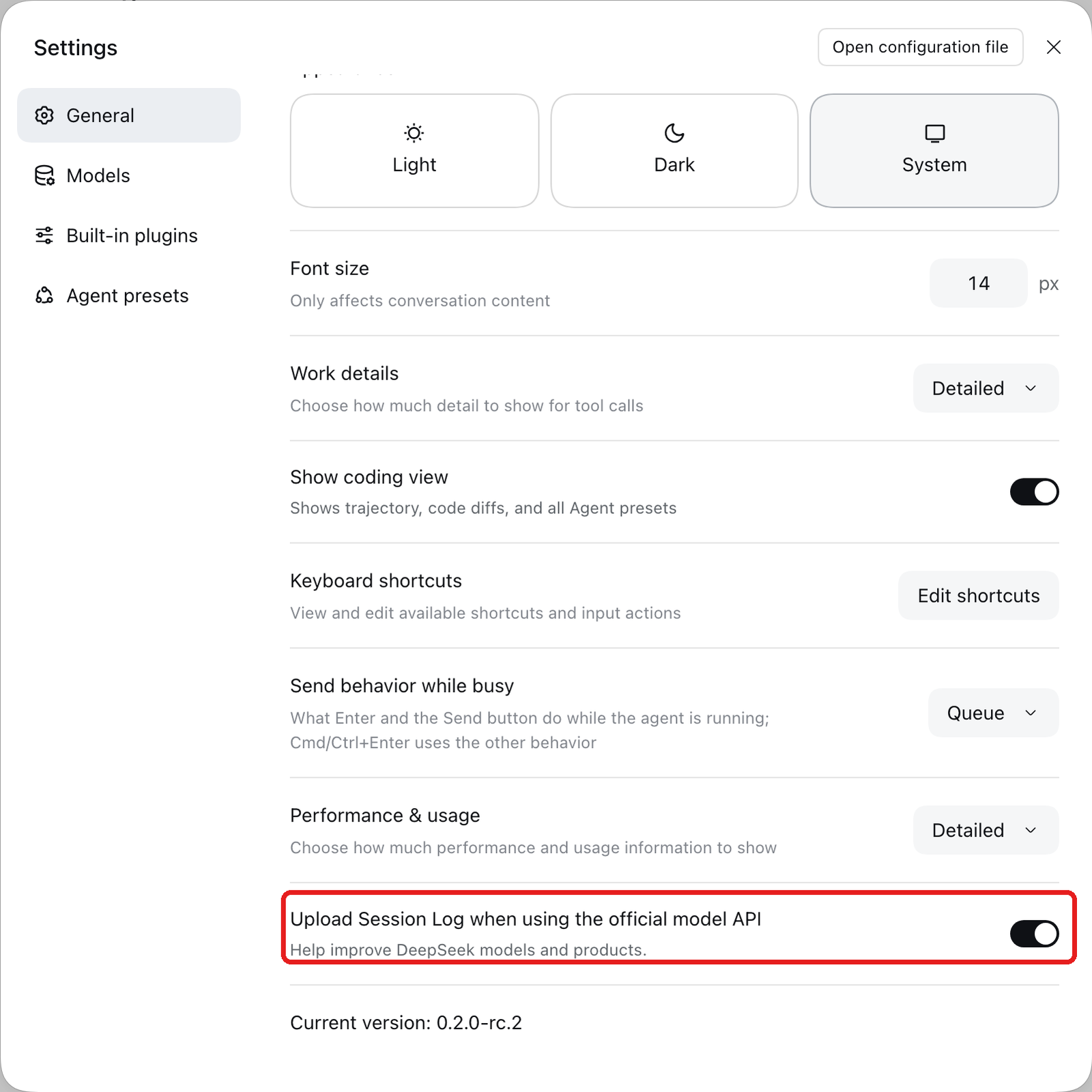 Settings の General。「Upload Session Log when using the official model API」が既定でオン