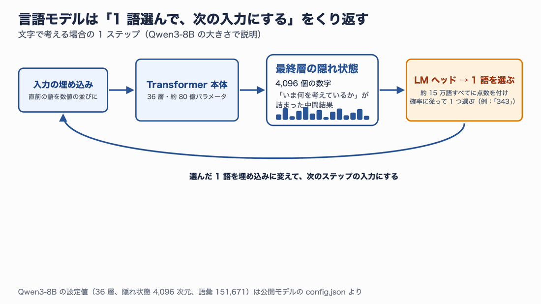 言語モデルの1ステップ。入力の埋め込みがTransformer本体を通って4,096個の数字の隠れ状態になり、LMヘッドが約15万語から1語を選び、その語が次の入力になる。最後に、語を選ばず隠れ状態をそのまま戻す潜在推論の経路を点線で示すアニメーション